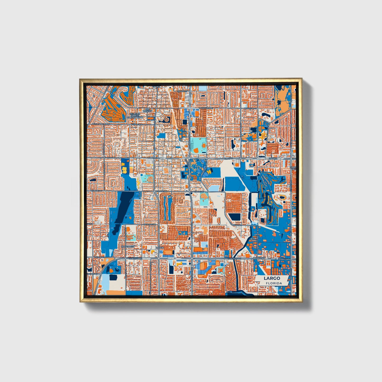 Largo Florida Colorful City Map Canvas Print • Gold Framed