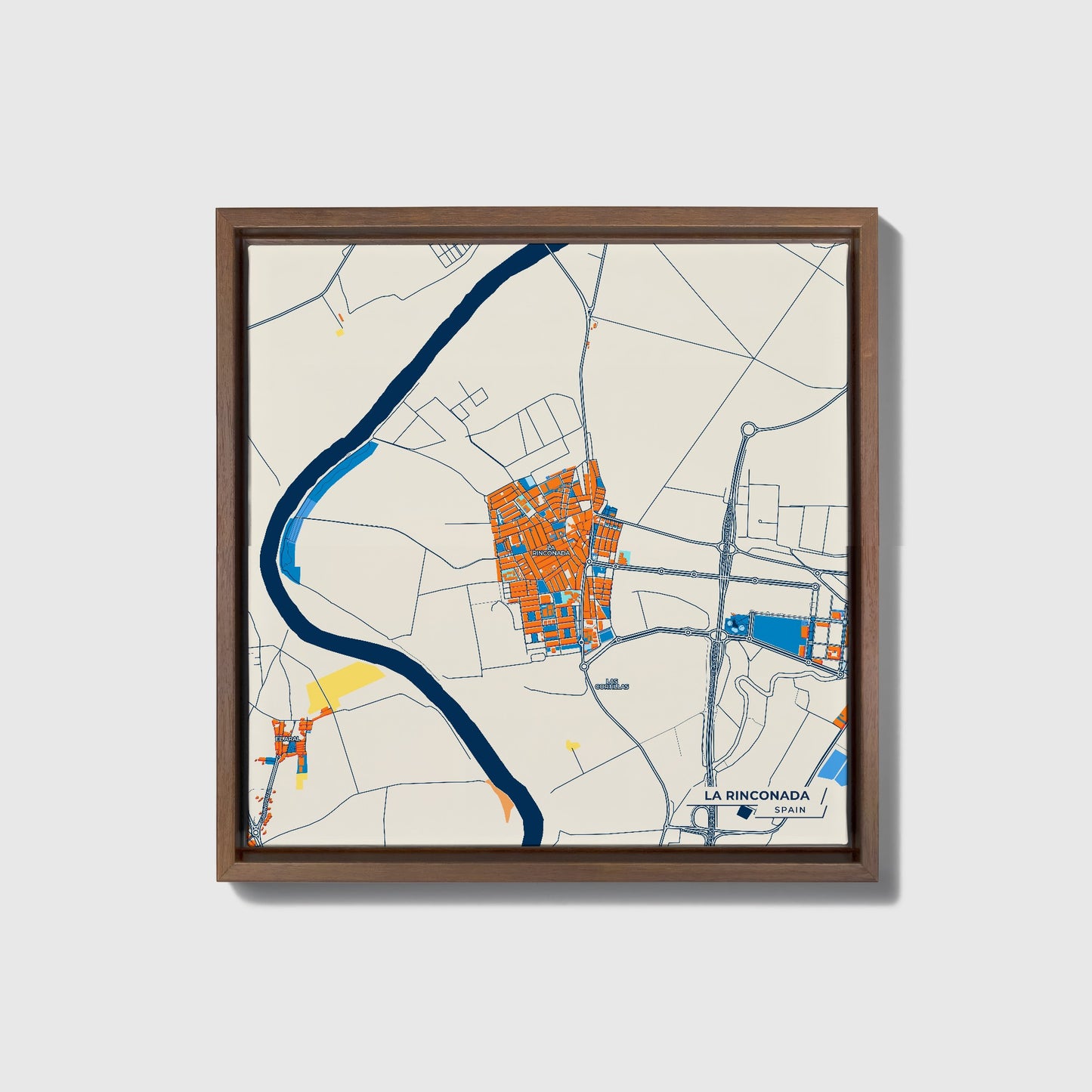 La Rinconada Spain Colorful City Map Canvas Print • Dark Wooden Framed