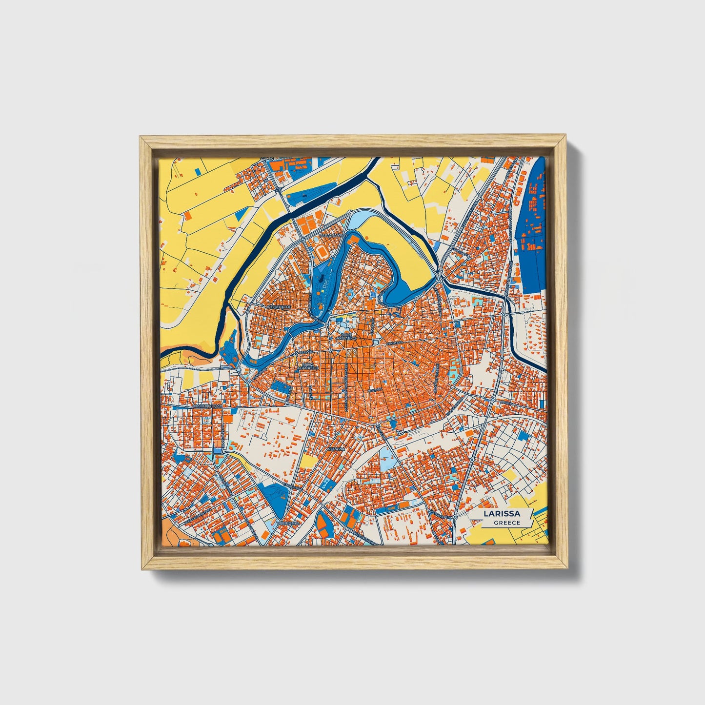 Λαρισα Greece Colorful City Map Canvas Print • Natural Wooden Framed