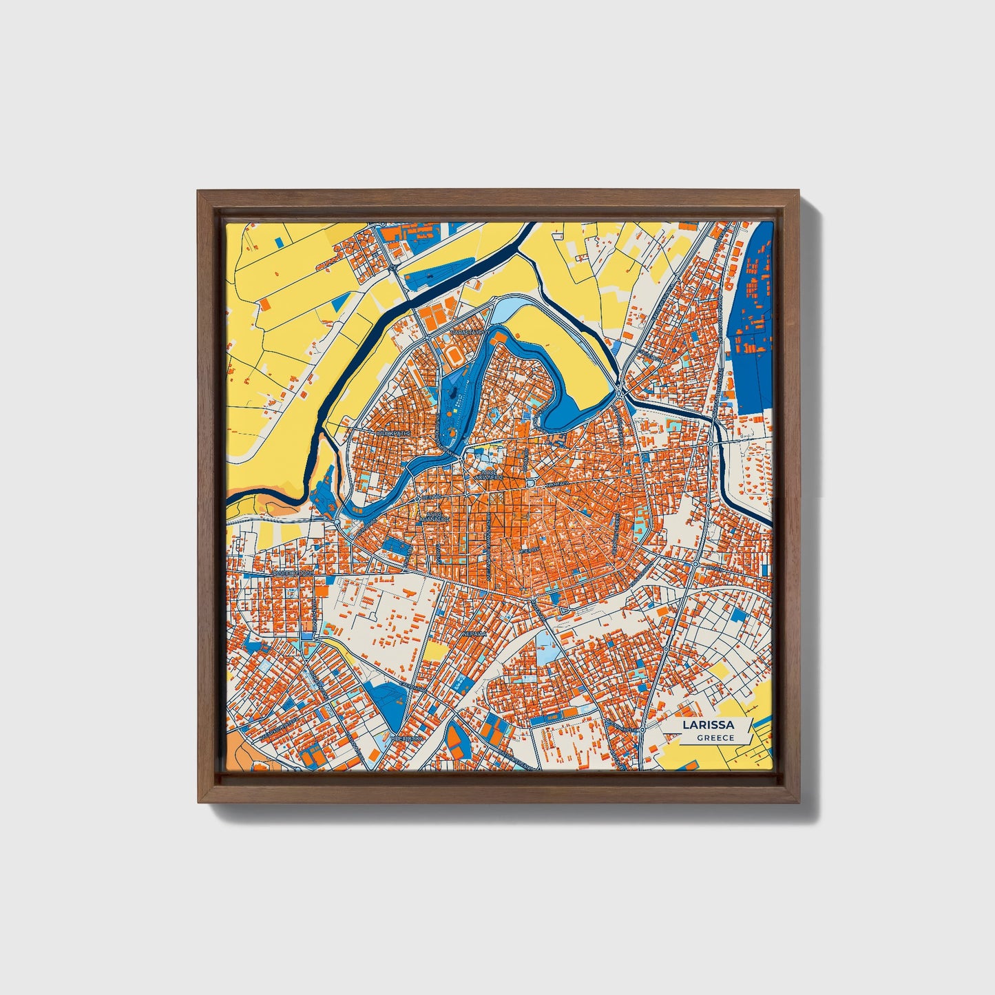 Λαρισα Greece Colorful City Map Canvas Print • Dark Wooden Framed