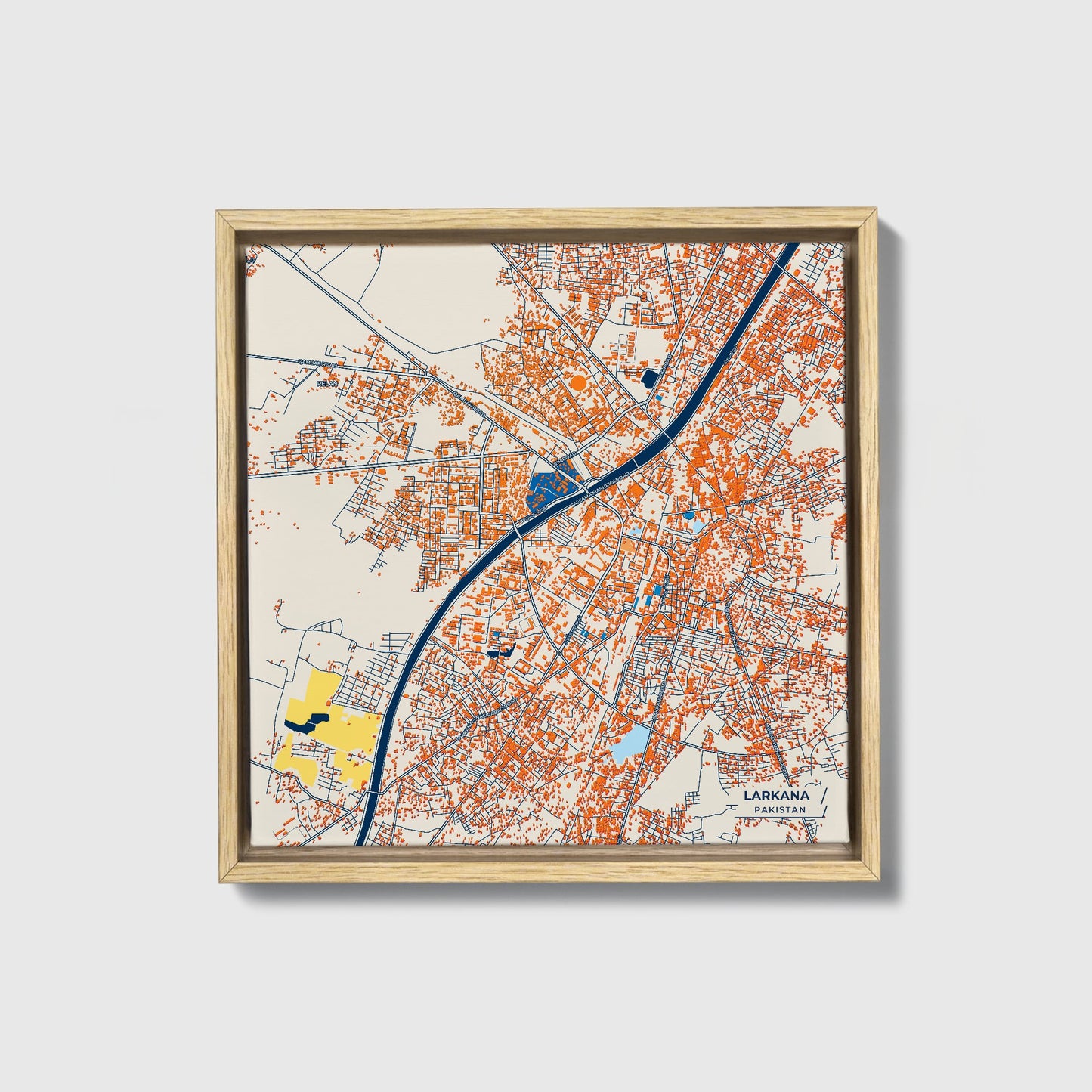 Larkana Pakistan Colorful City Map Canvas Print • Natural Wooden Framed