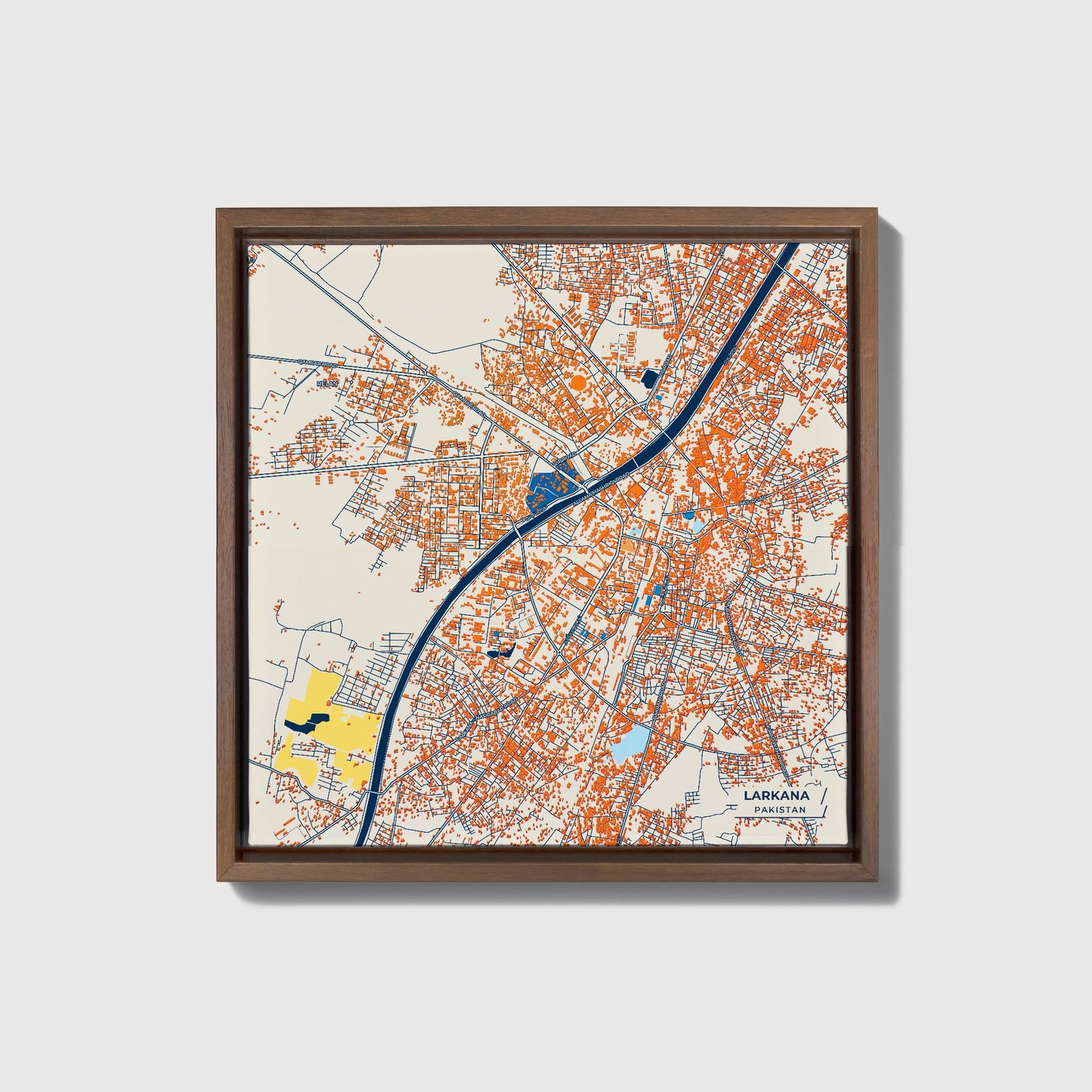 Larkana Pakistan Colorful City Map Canvas Print • Dark Wooden Framed