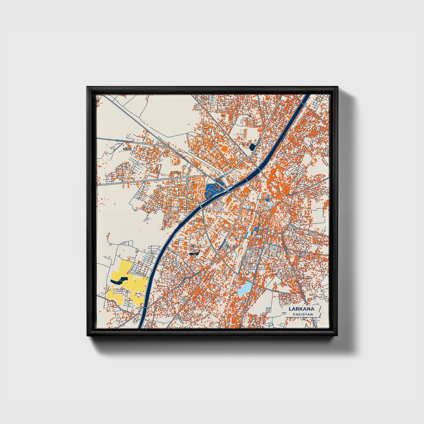 Larkana Pakistan Colorful City Map Canvas Print • Black Framed