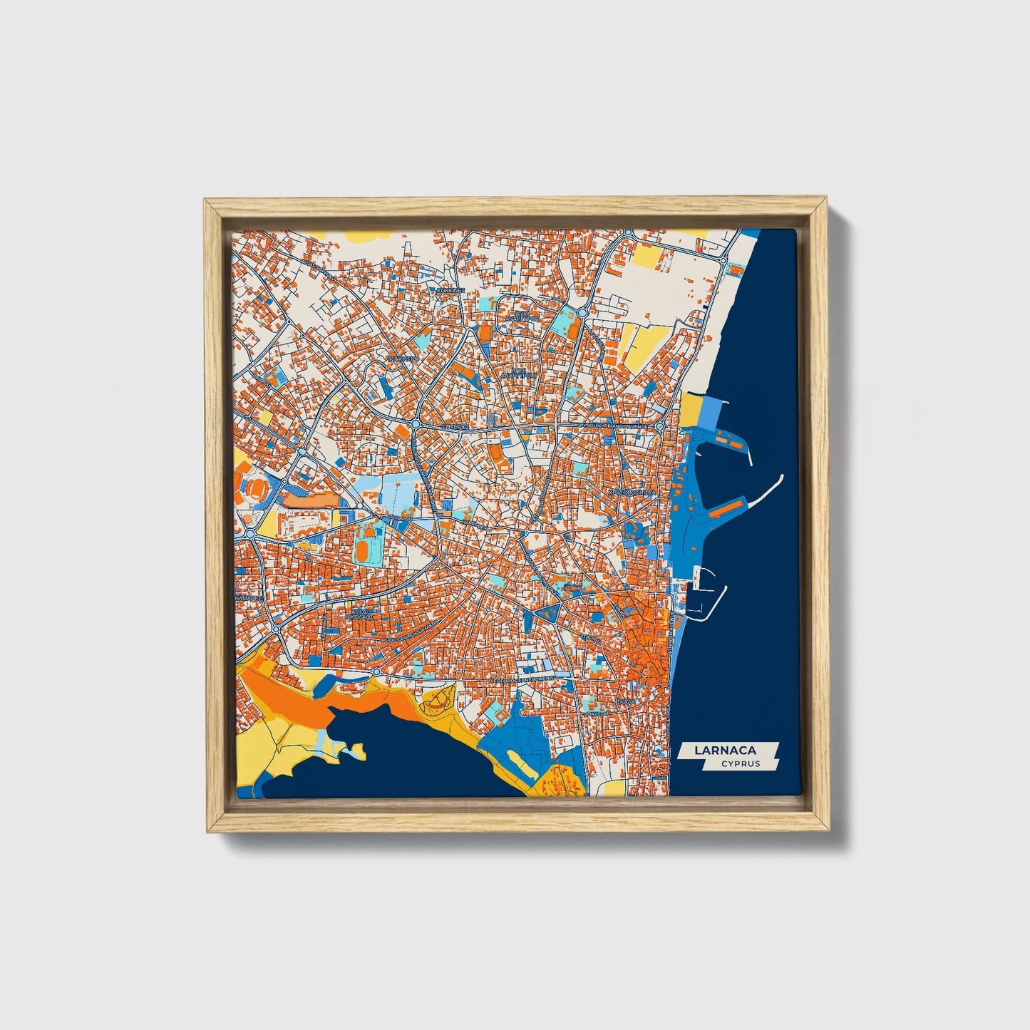 Larnaca   Cyprus Colorful City Map Canvas Print • Natural Wooden Framed
