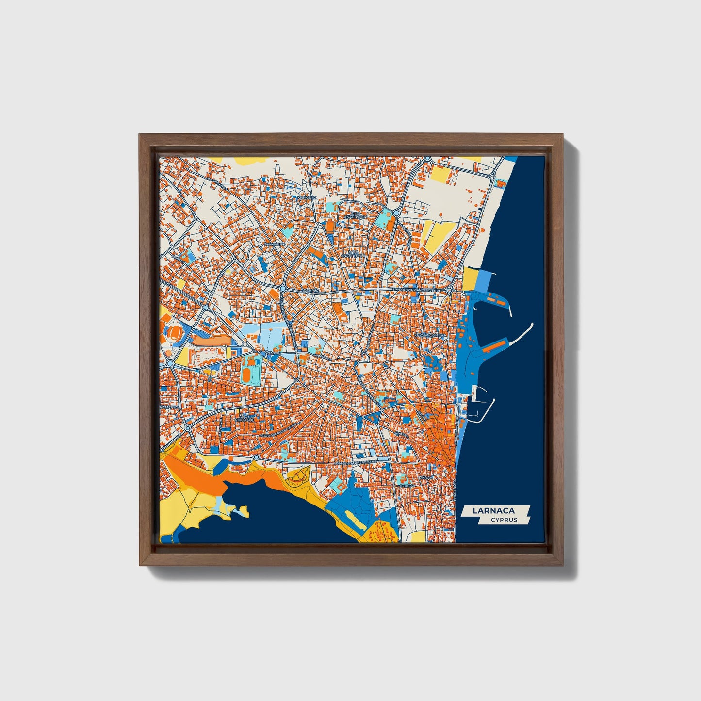 Larnaca   Cyprus Colorful City Map Canvas Print • Dark Wooden Framed