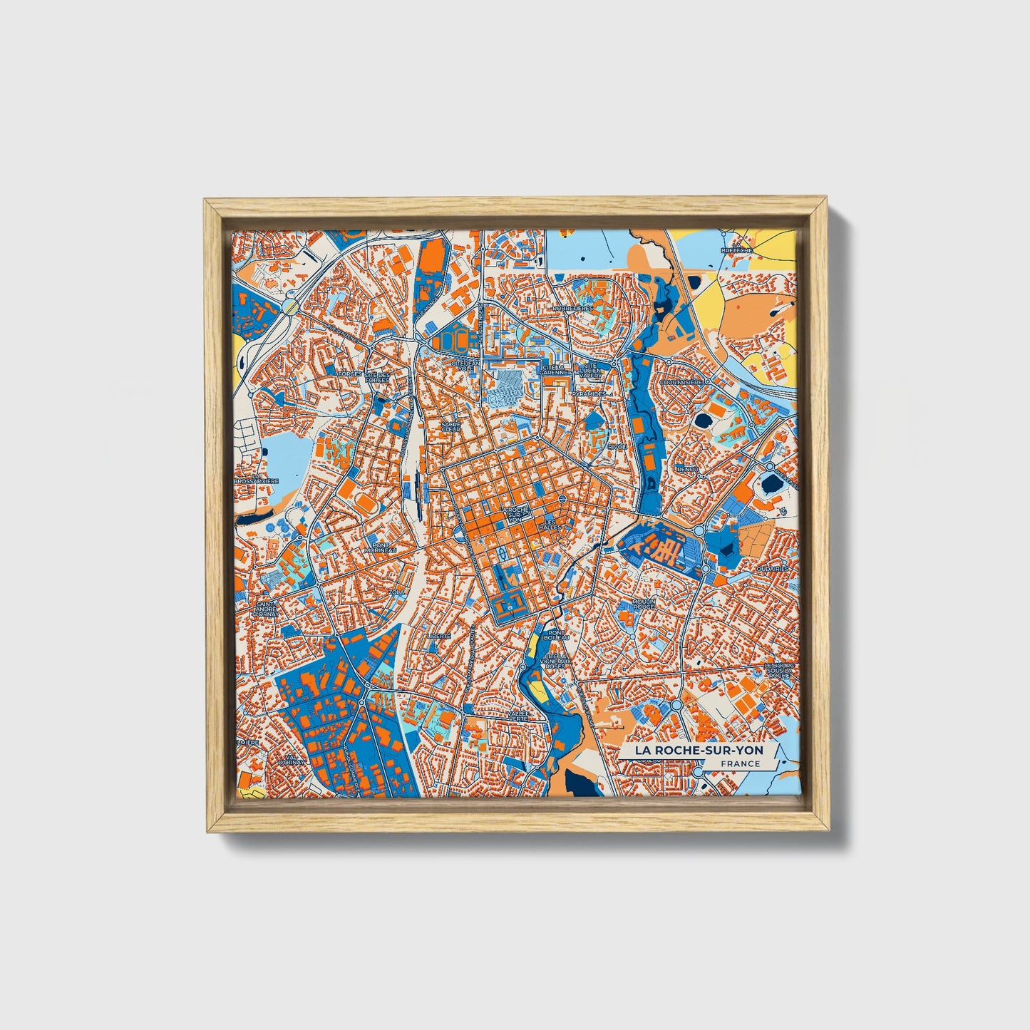 La Roche-Sur-Yon France Colorful City Map Canvas Print • Natural Wooden Framed