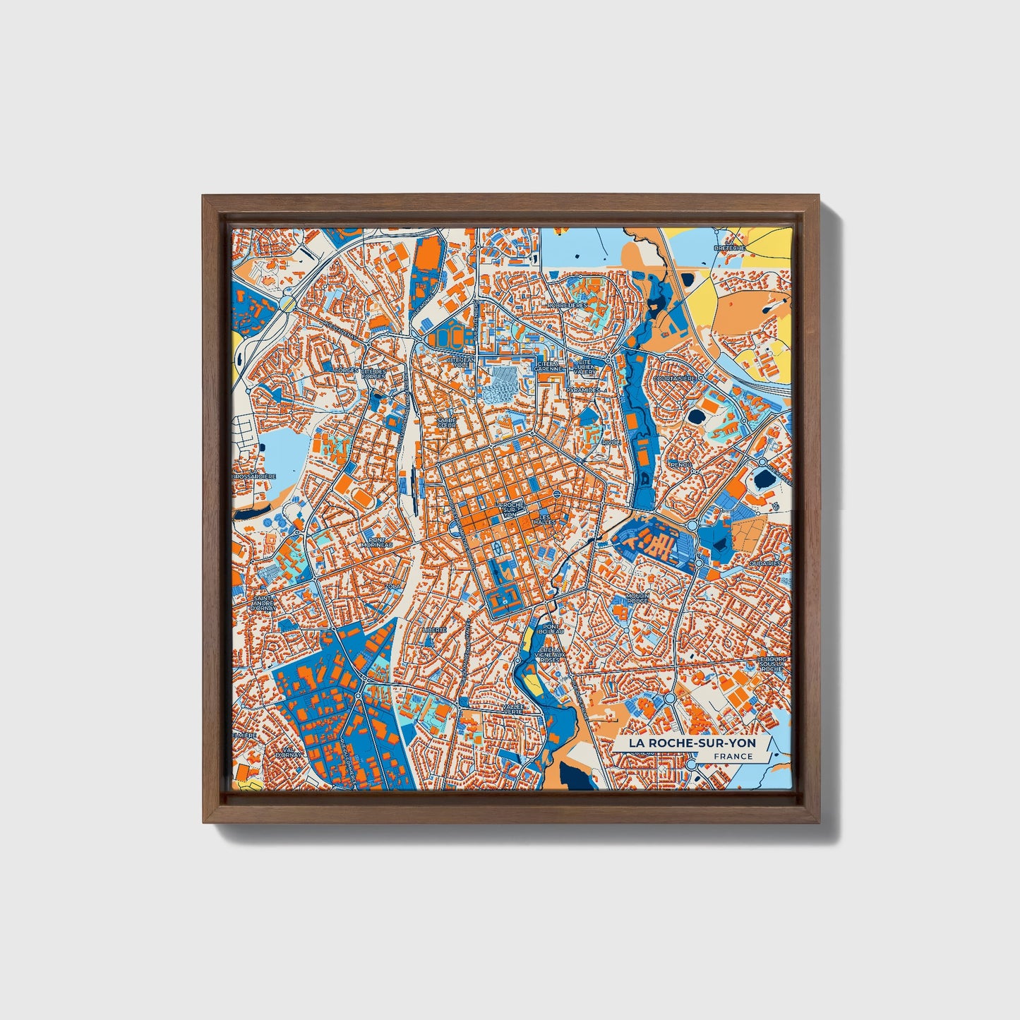 La Roche-Sur-Yon France Colorful City Map Canvas Print • Dark Wooden Framed