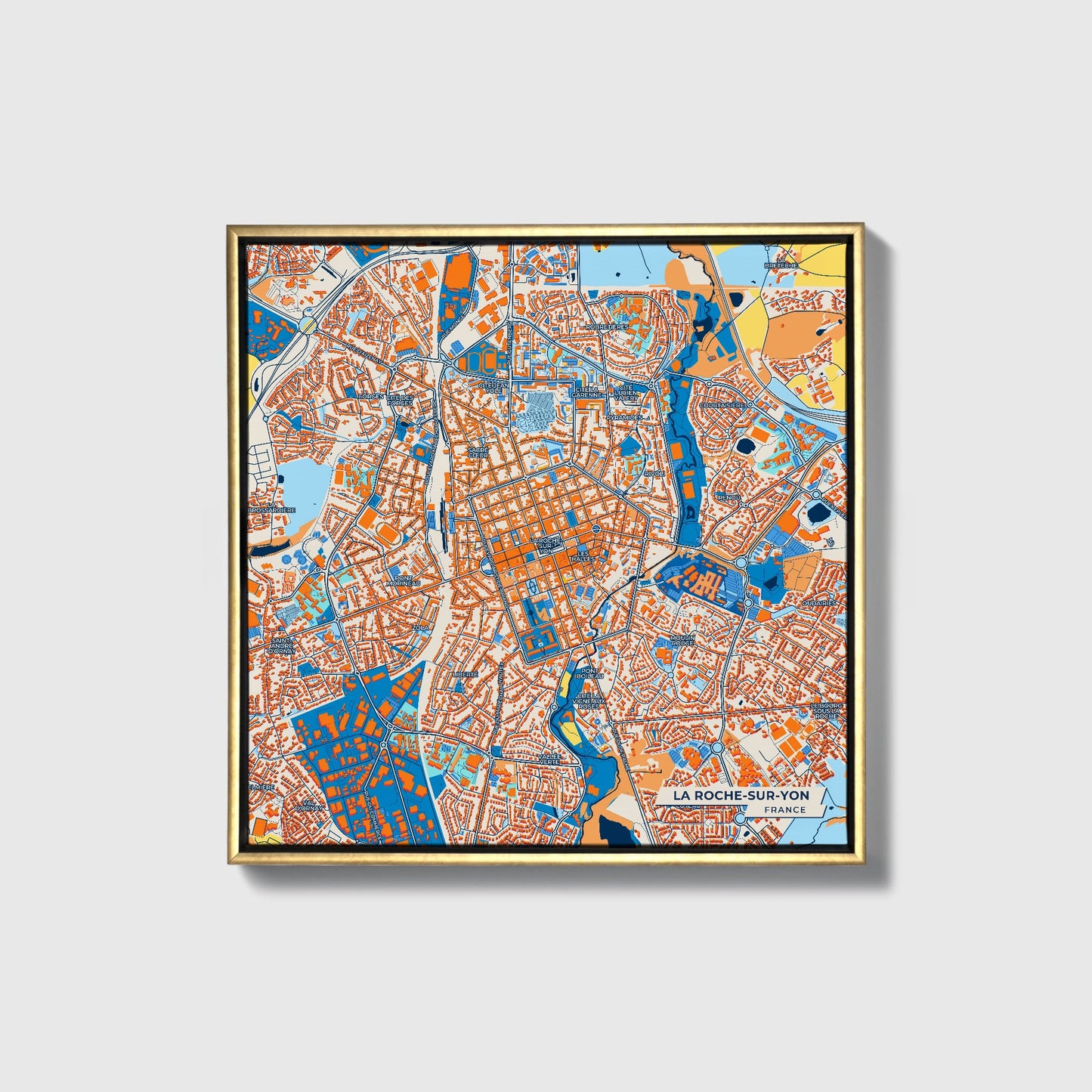 La Roche-Sur-Yon France Colorful City Map Canvas Print • Gold Framed