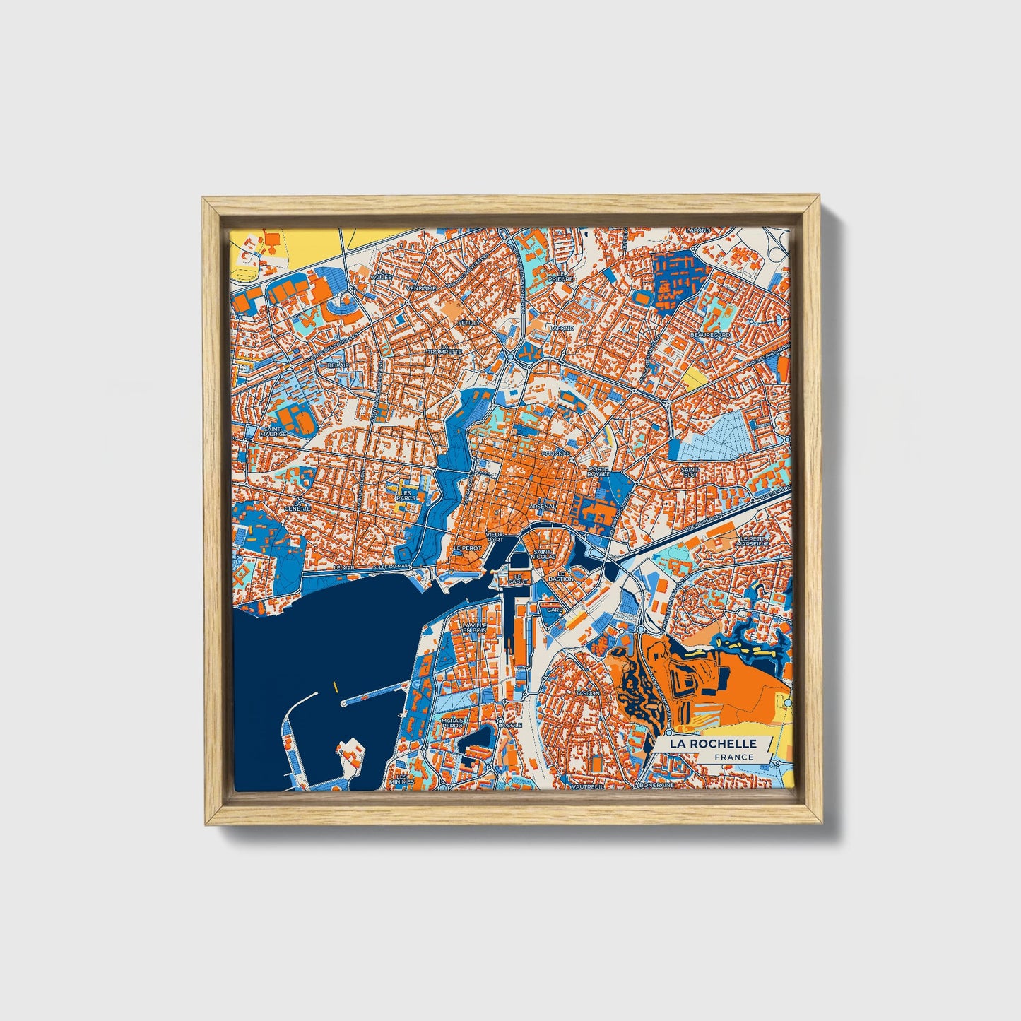 La Rochelle France Colorful City Map Canvas Print • Natural Wooden Framed