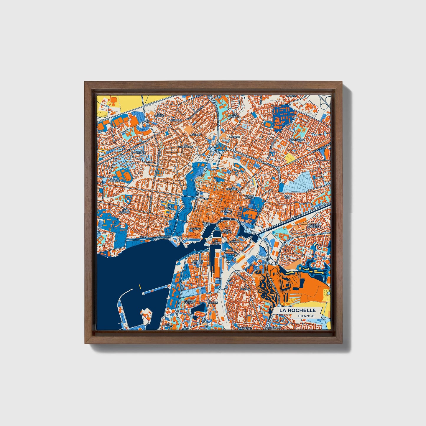 La Rochelle France Colorful City Map Canvas Print • Dark Wooden Framed