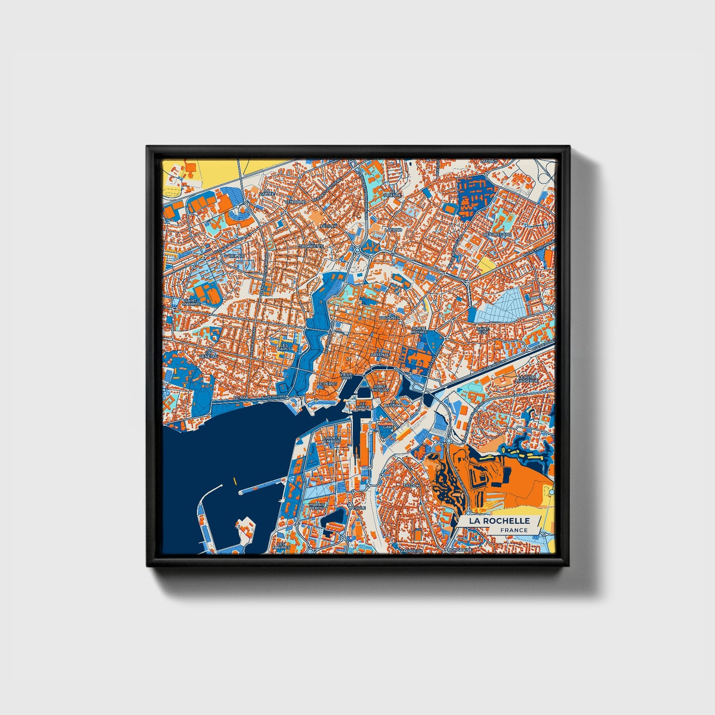La Rochelle France Colorful City Map Canvas Print • Black Framed