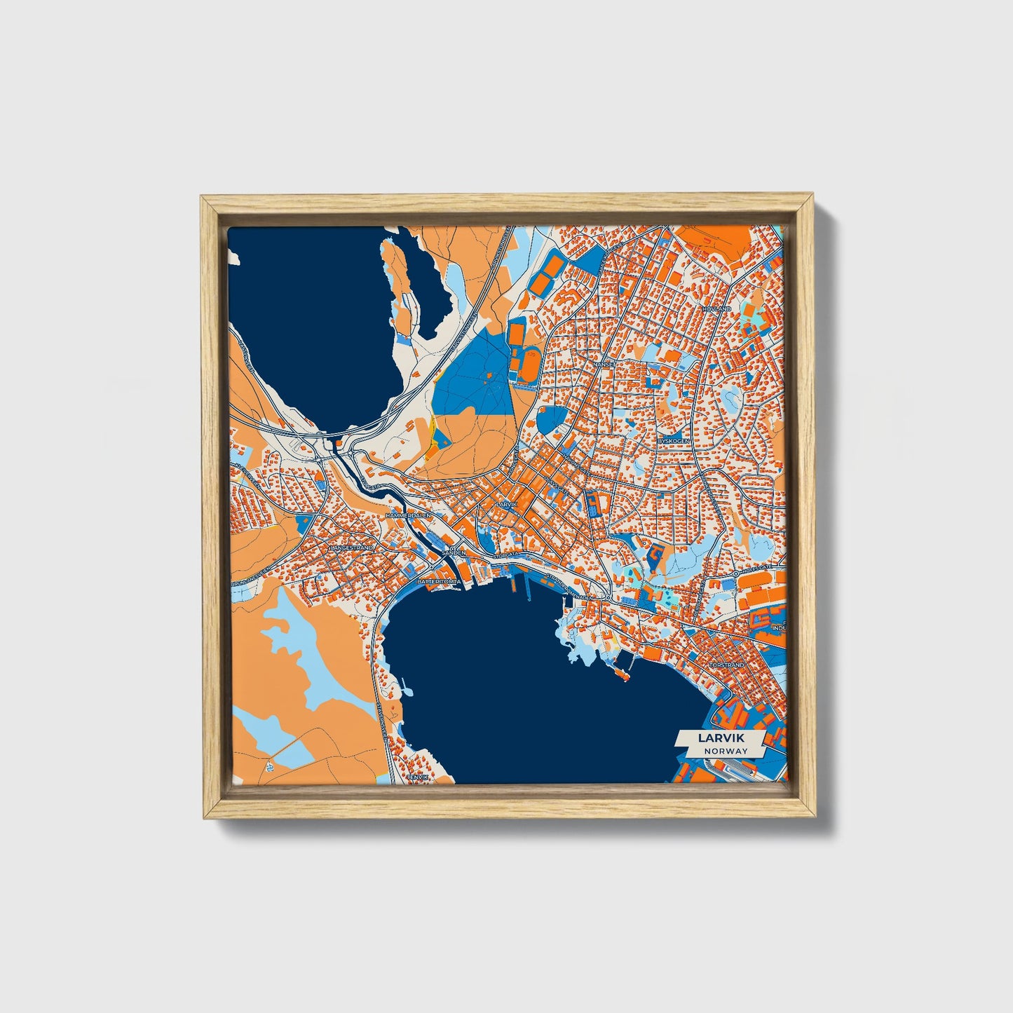Larvik Norway Colorful City Map Canvas Print • Natural Wooden Framed