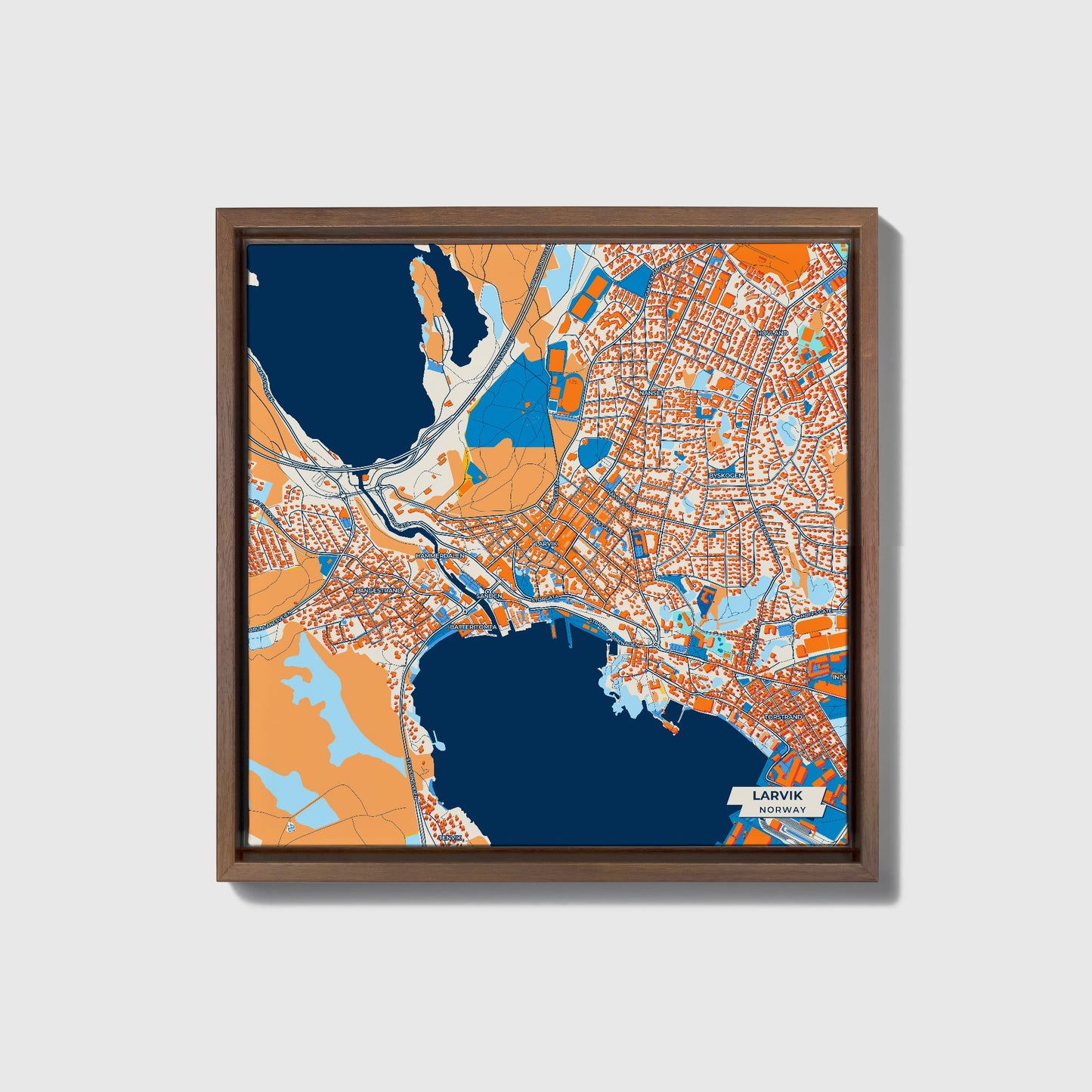 Larvik Norway Colorful City Map Canvas Print • Dark Wooden Framed