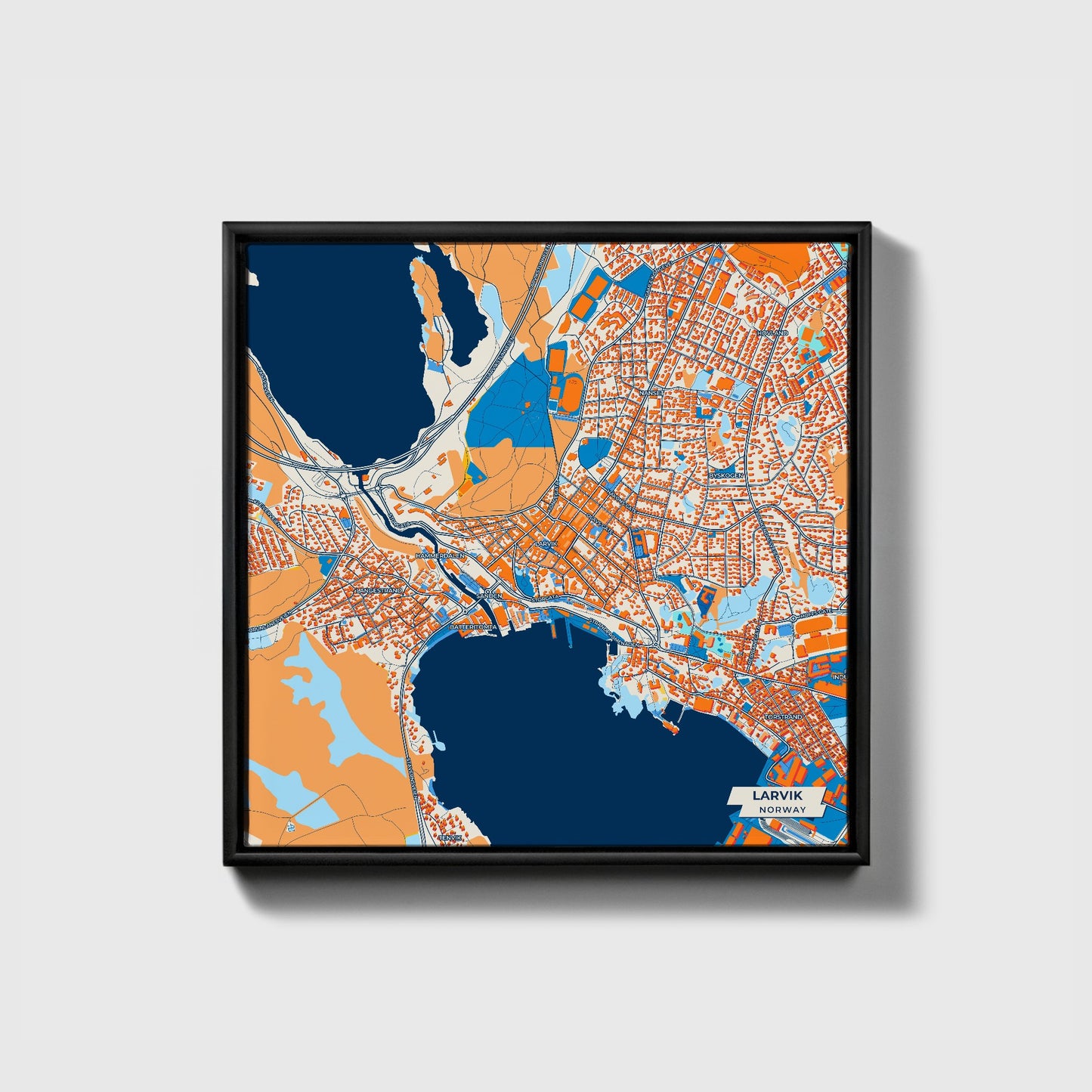 Larvik Norway Colorful City Map Canvas Print • Black Framed