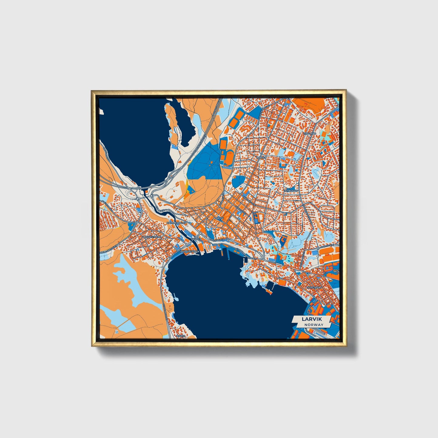 Larvik Norway Colorful City Map Canvas Print • Gold Framed