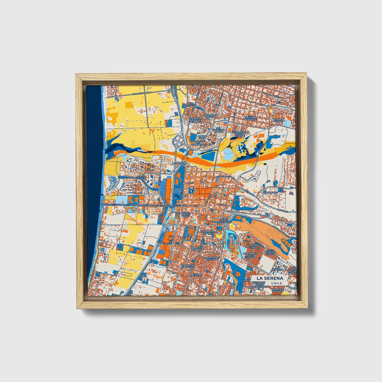 La Serena Chile Colorful City Map Canvas Print • Natural Wooden Framed