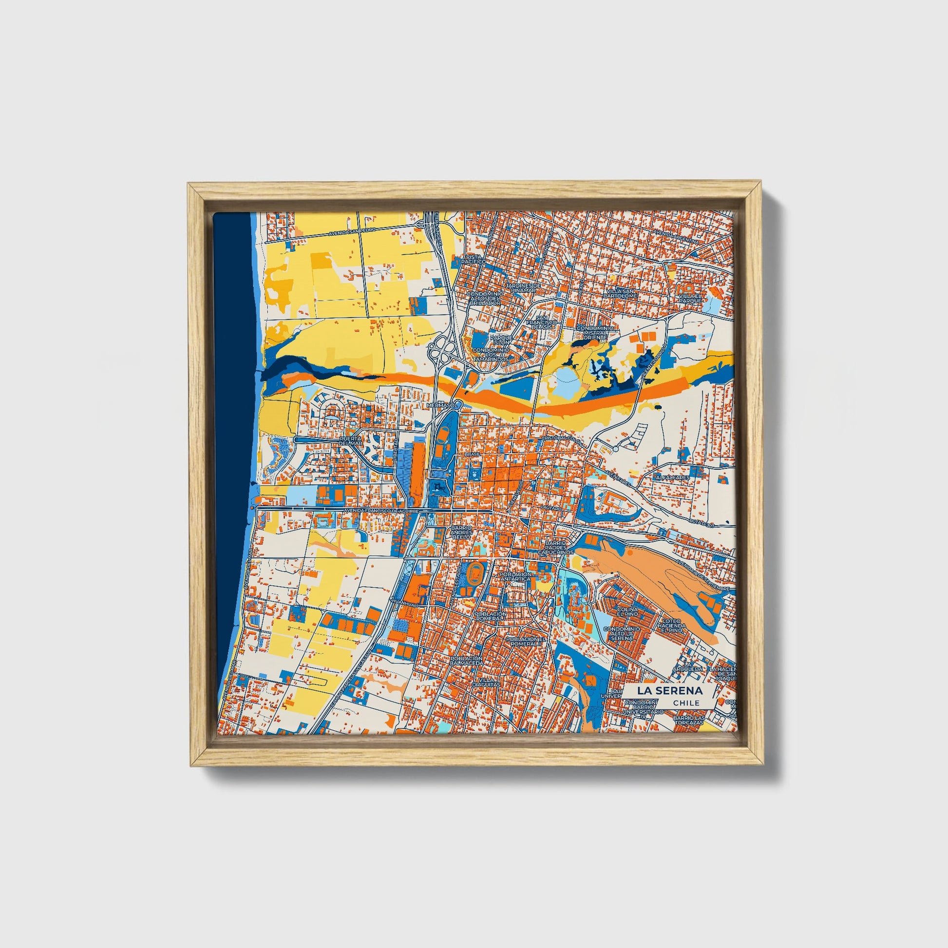 La Serena Chile Colorful City Map Canvas Print • Natural Wooden Framed