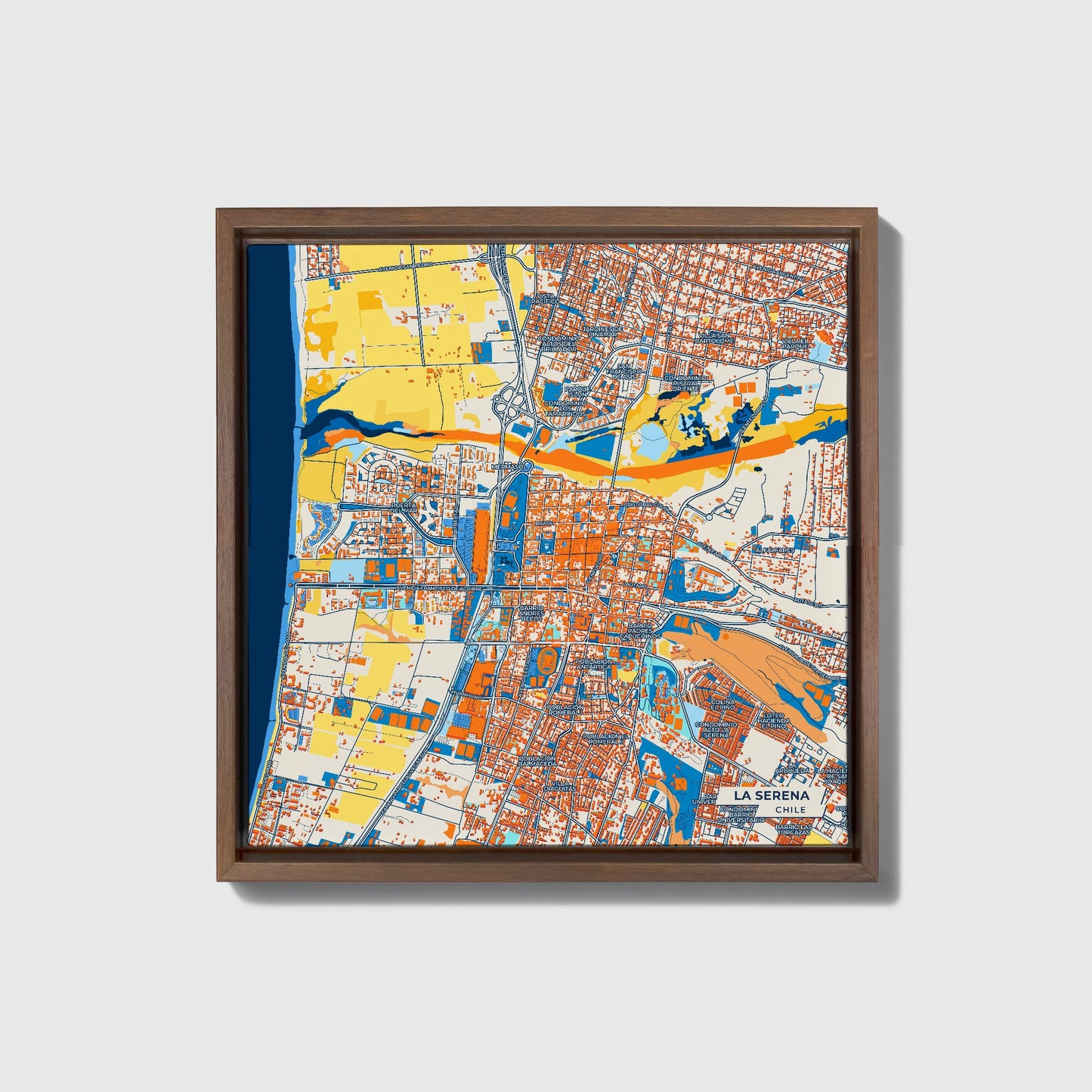 La Serena Chile Colorful City Map Canvas Print • Dark Wooden Framed