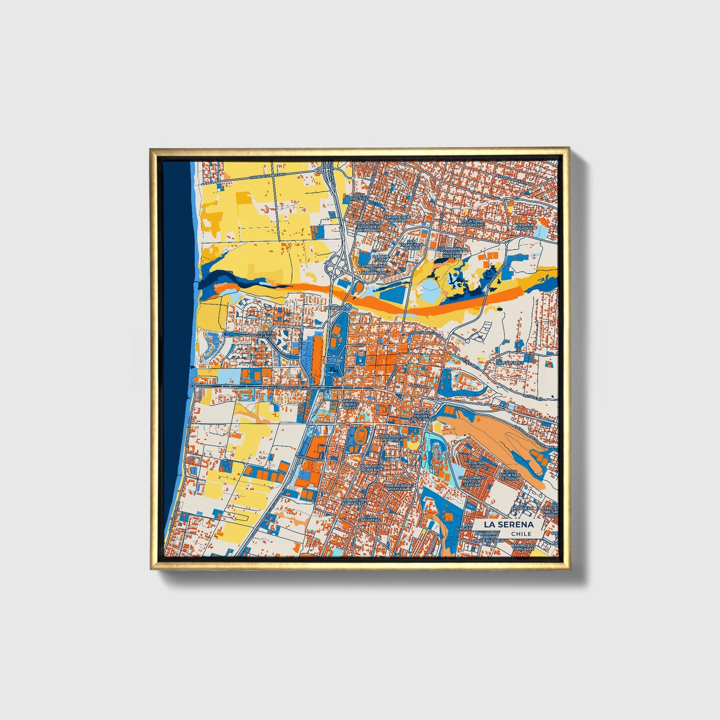La Serena Chile Colorful City Map Canvas Print • Gold Framed