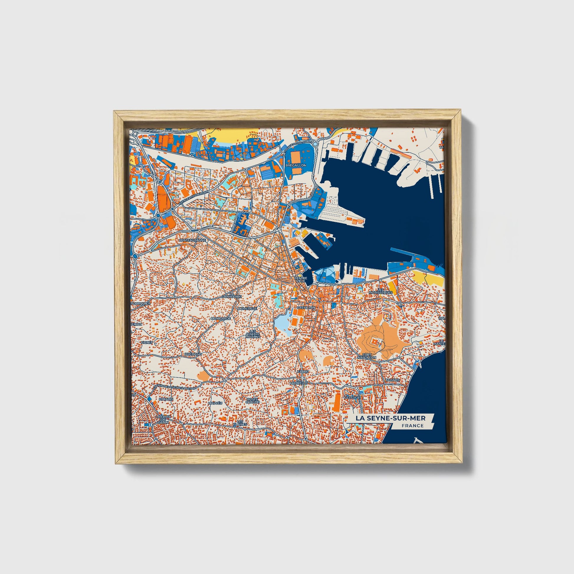 La Seyne-Sur-Mer France Colorful City Map Canvas Print • Natural Wooden Framed