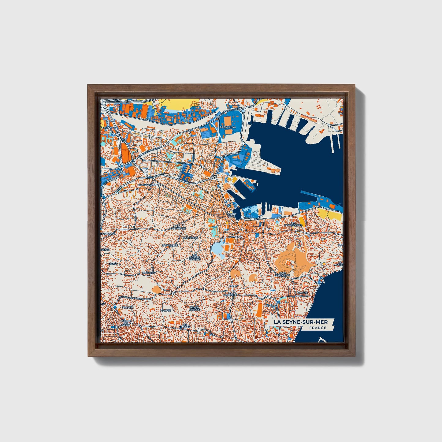 La Seyne-Sur-Mer France Colorful City Map Canvas Print • Dark Wooden Framed