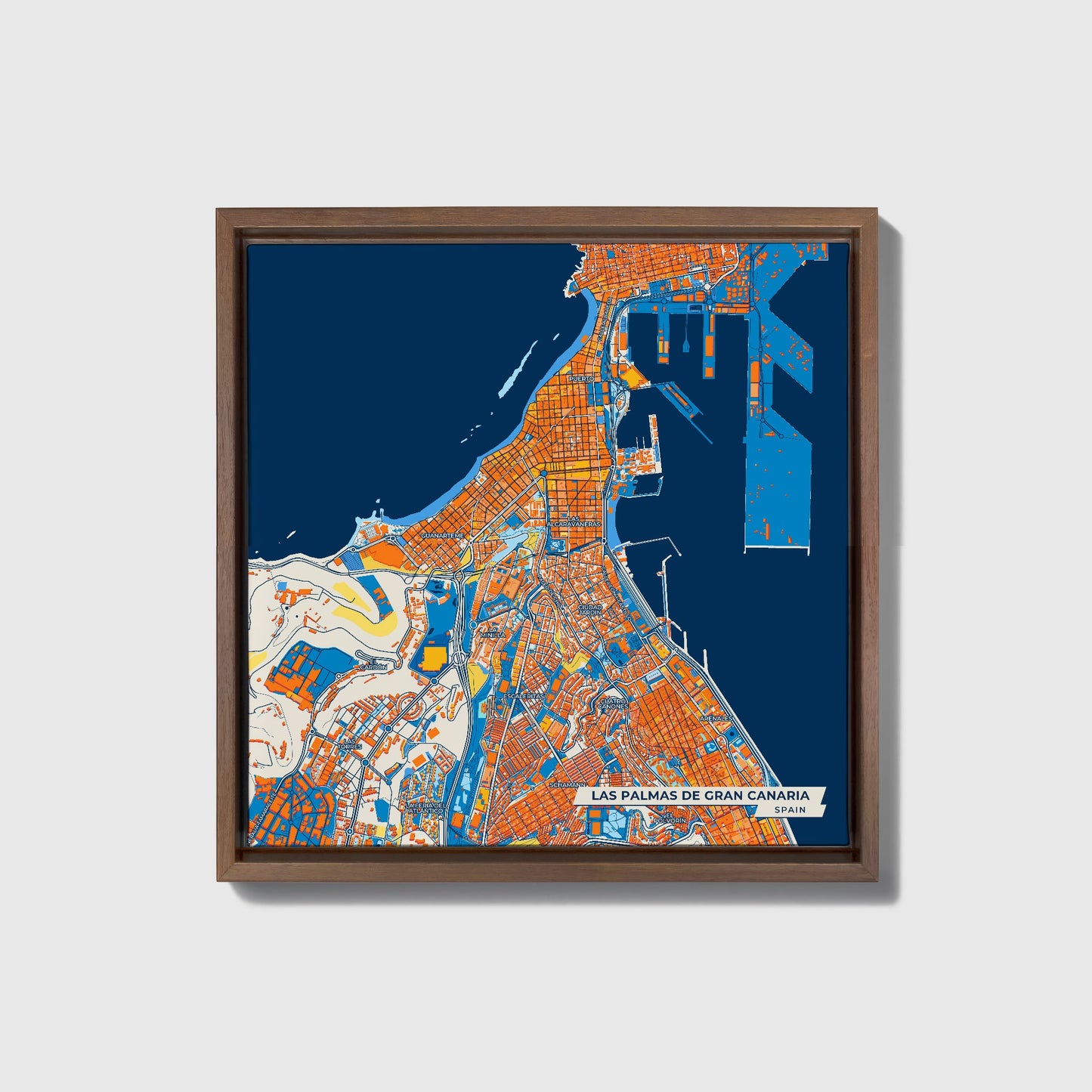 Las Palmas De Gran Canaria Spain Colorful City Map Canvas Print • Dark Wooden Framed