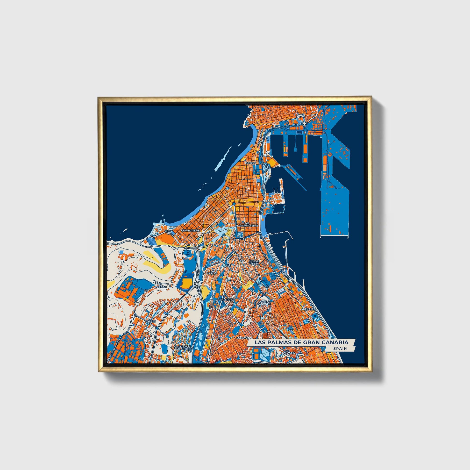 Las Palmas De Gran Canaria Spain Colorful City Map Canvas Print • Gold Framed