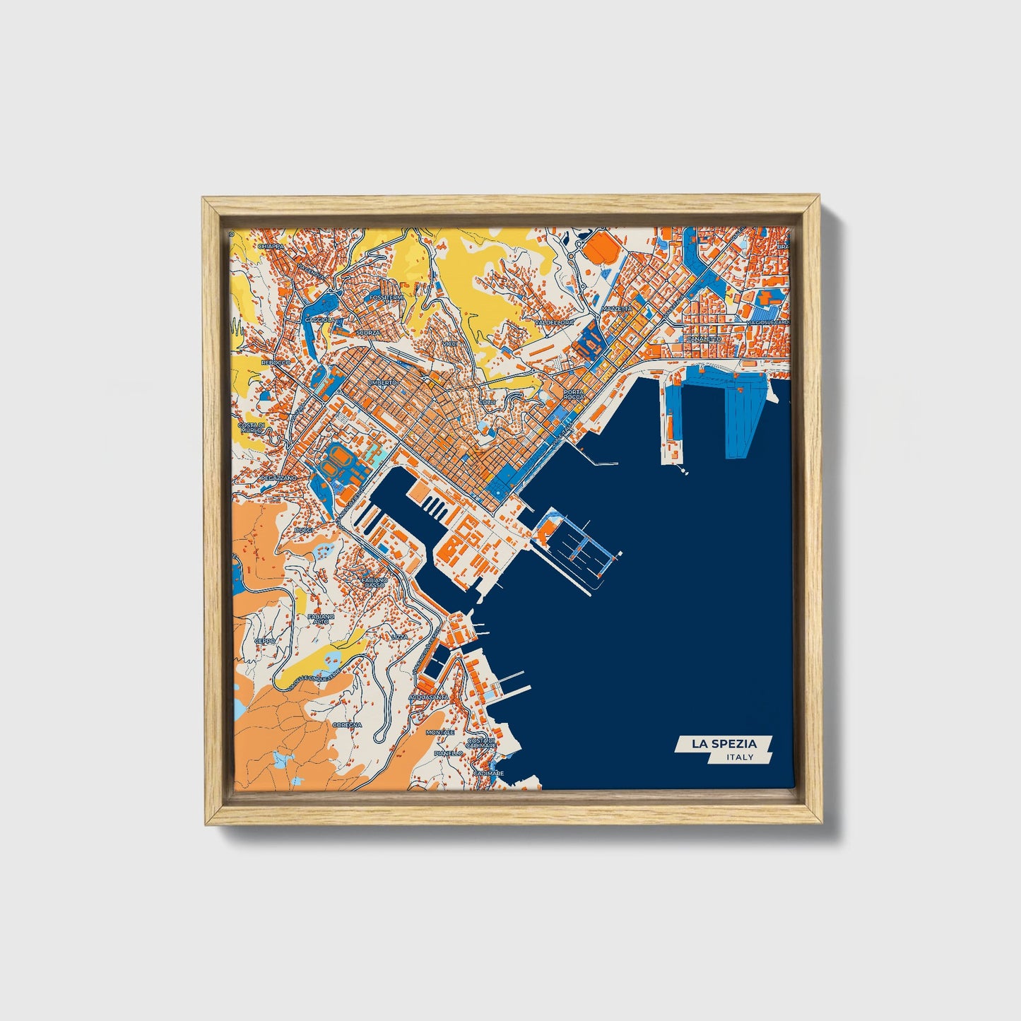 La Spezia Italy Colorful City Map Canvas Print • Natural Wooden Framed