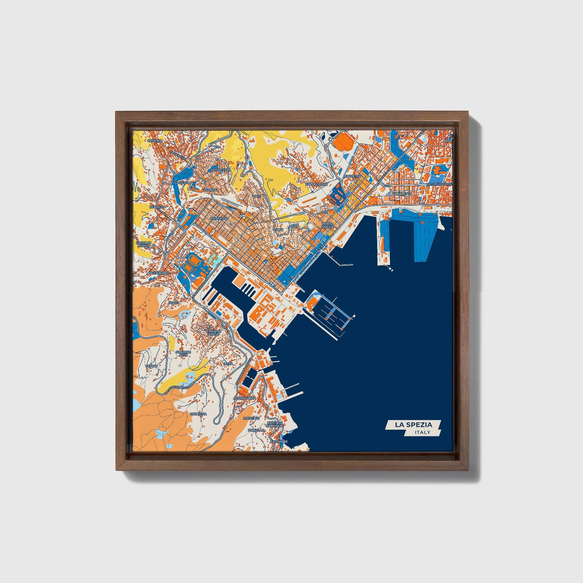 La Spezia Italy Colorful City Map Canvas Print • Dark Wooden Framed