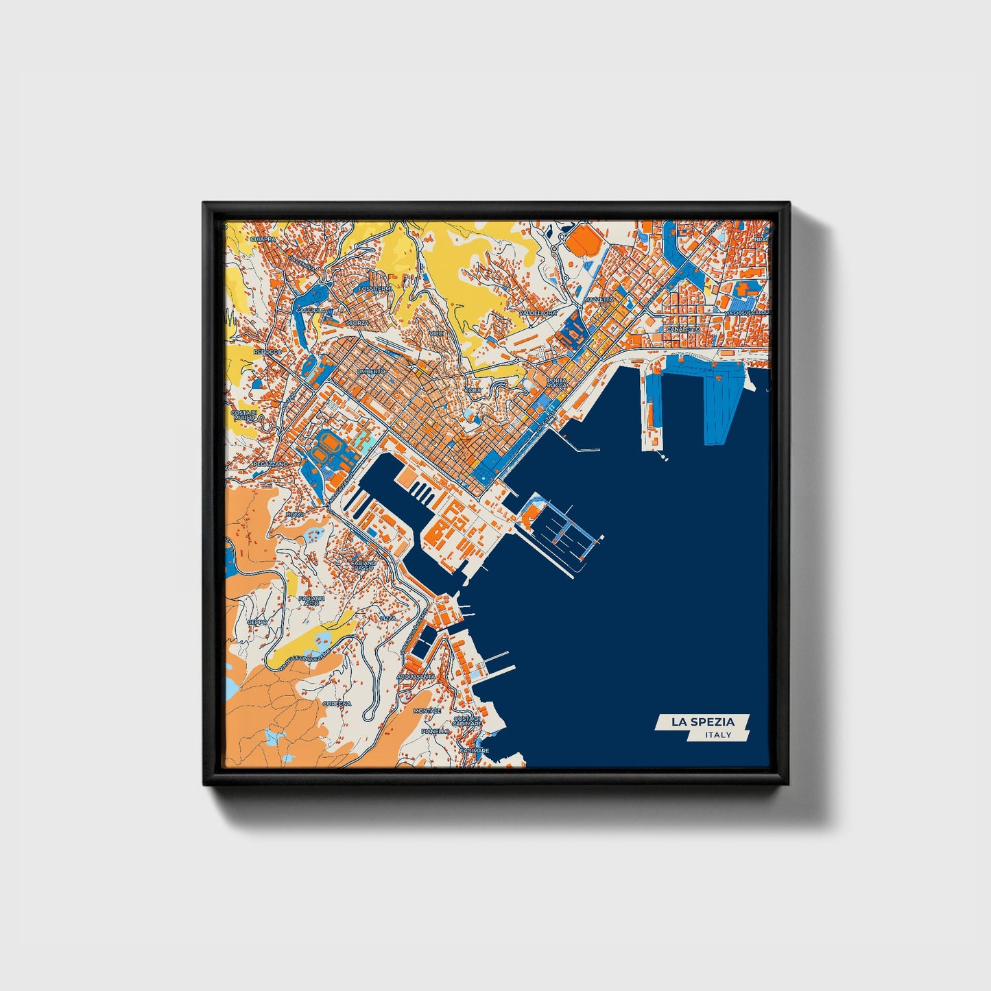La Spezia Italy Colorful City Map Canvas Print • Black Framed