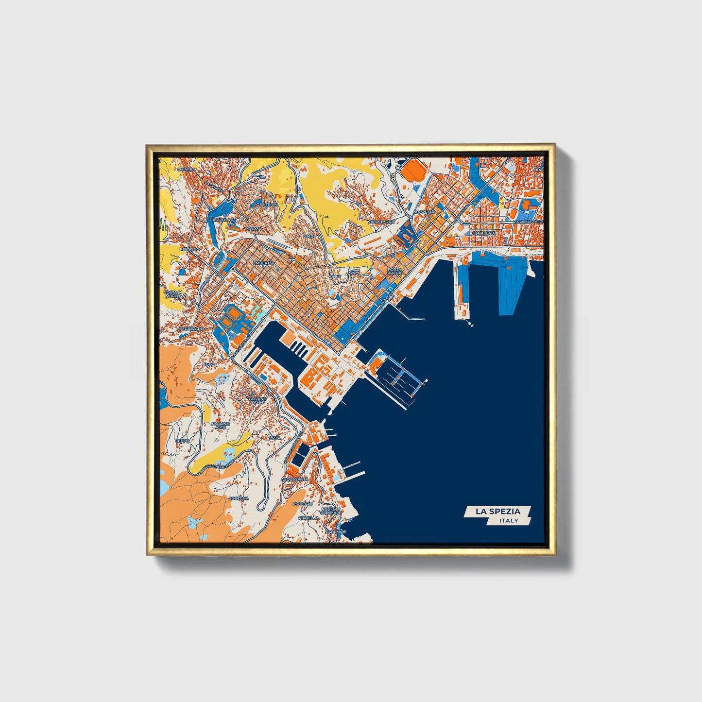 La Spezia Italy Colorful City Map Canvas Print • Gold Framed