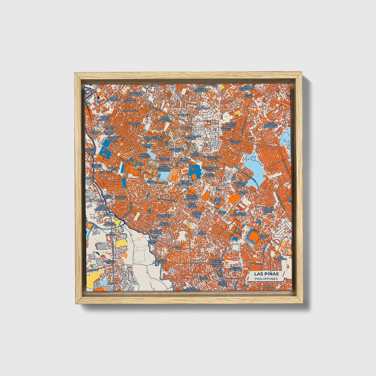Las Piñas Philippines Colorful City Map Canvas Print • Natural Wooden Framed