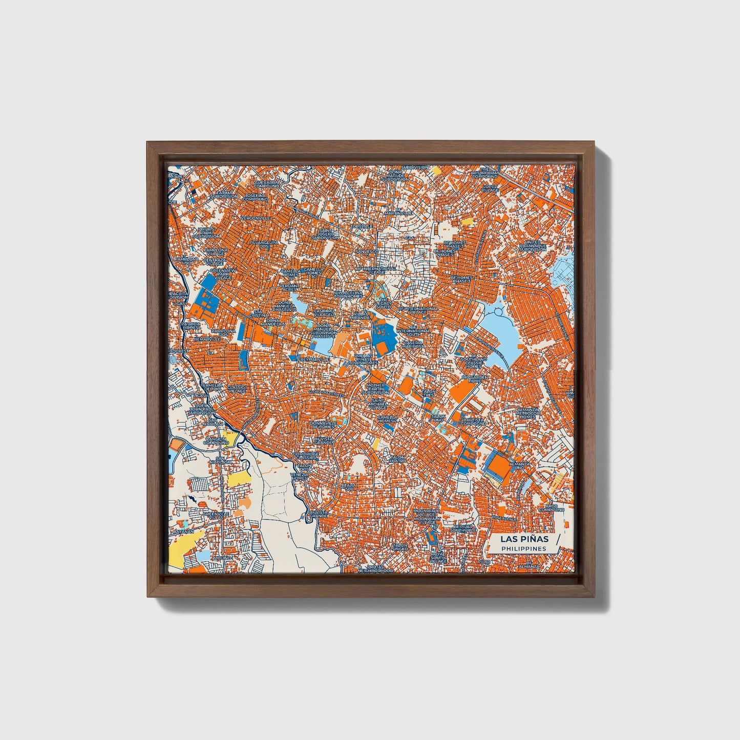 Las Piñas Philippines Colorful City Map Canvas Print • Dark Wooden Framed