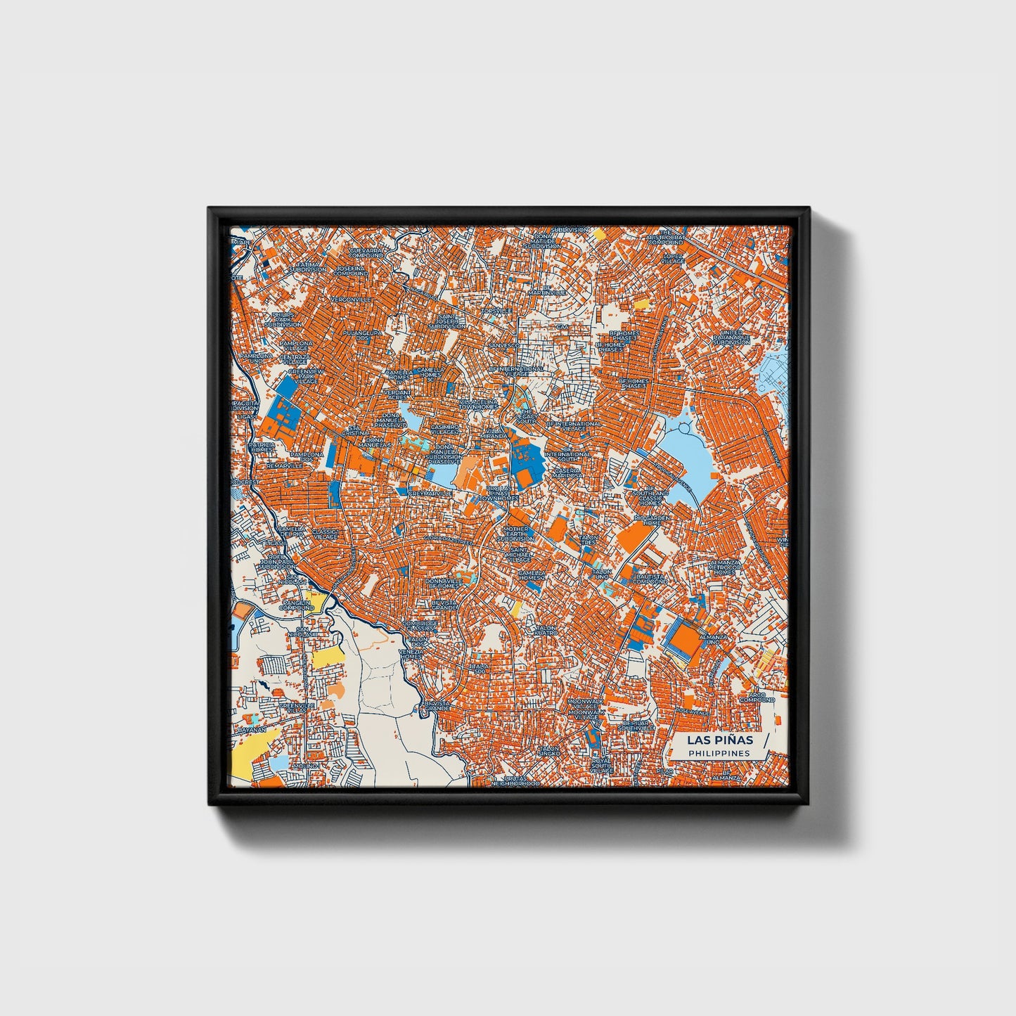 Las Piñas Philippines Colorful City Map Canvas Print • Black Framed