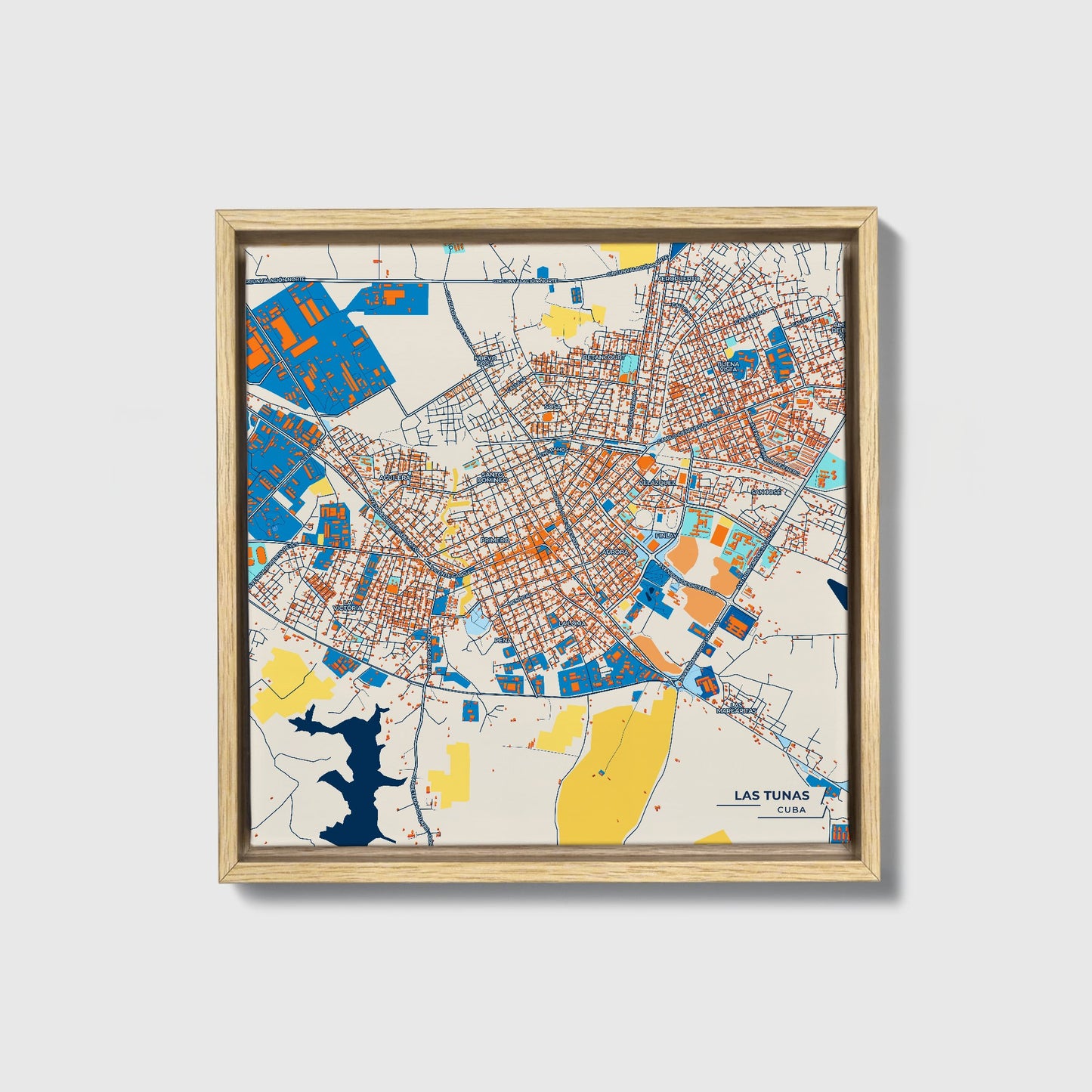 Las Tunas Cuba Colorful City Map Canvas Print • Natural Wooden Framed