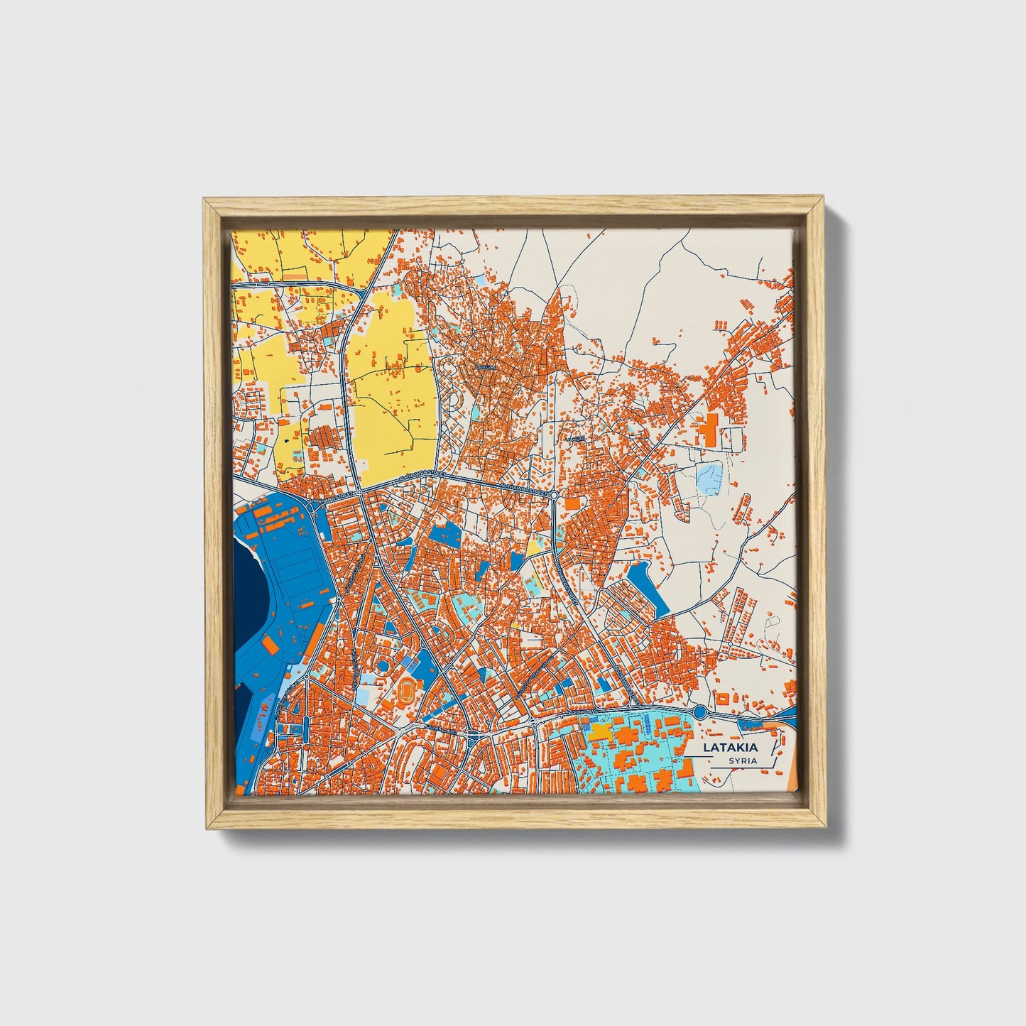 Latakia Syria Colorful City Map Canvas Print • Natural Wooden Framed