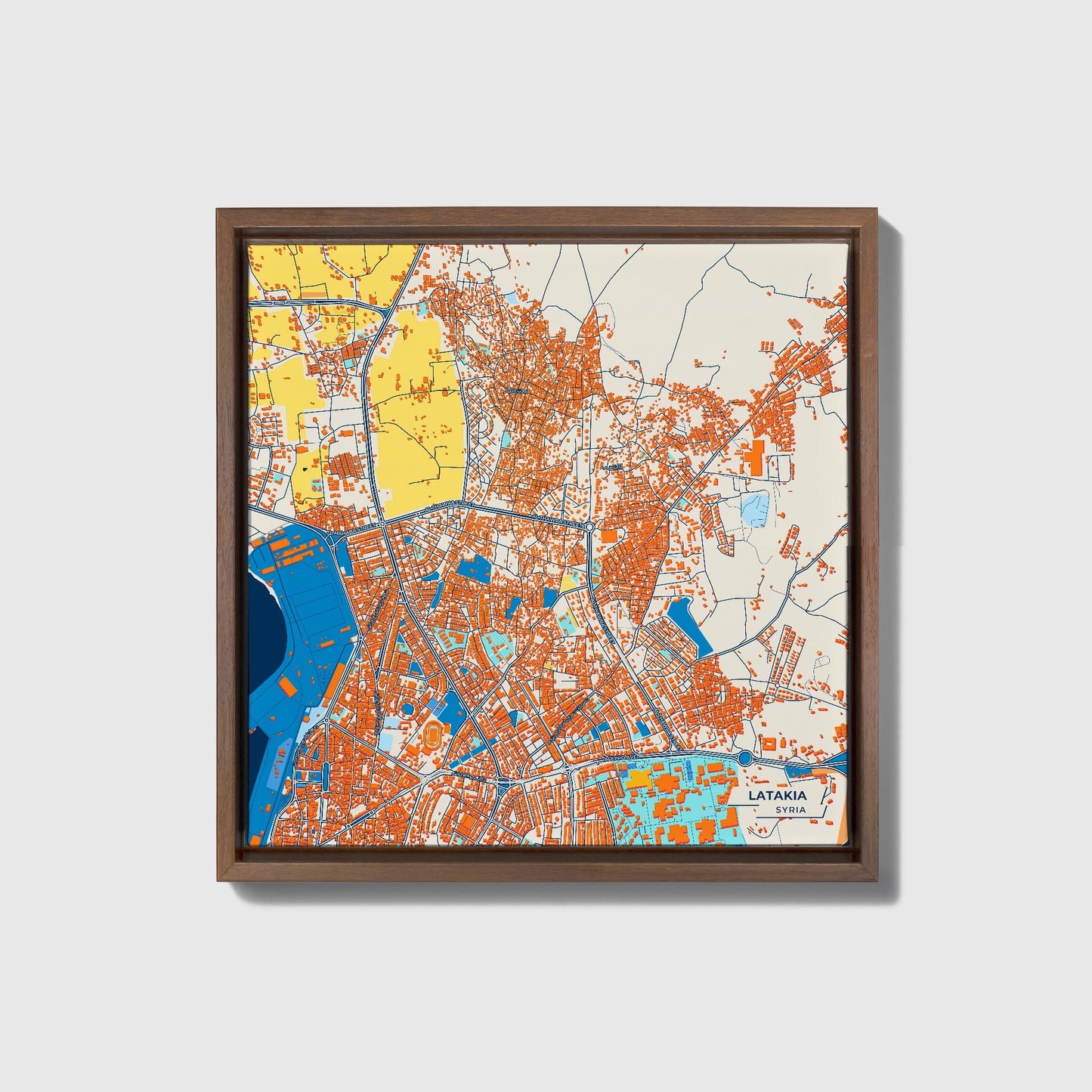 Latakia Syria Colorful City Map Canvas Print • Dark Wooden Framed