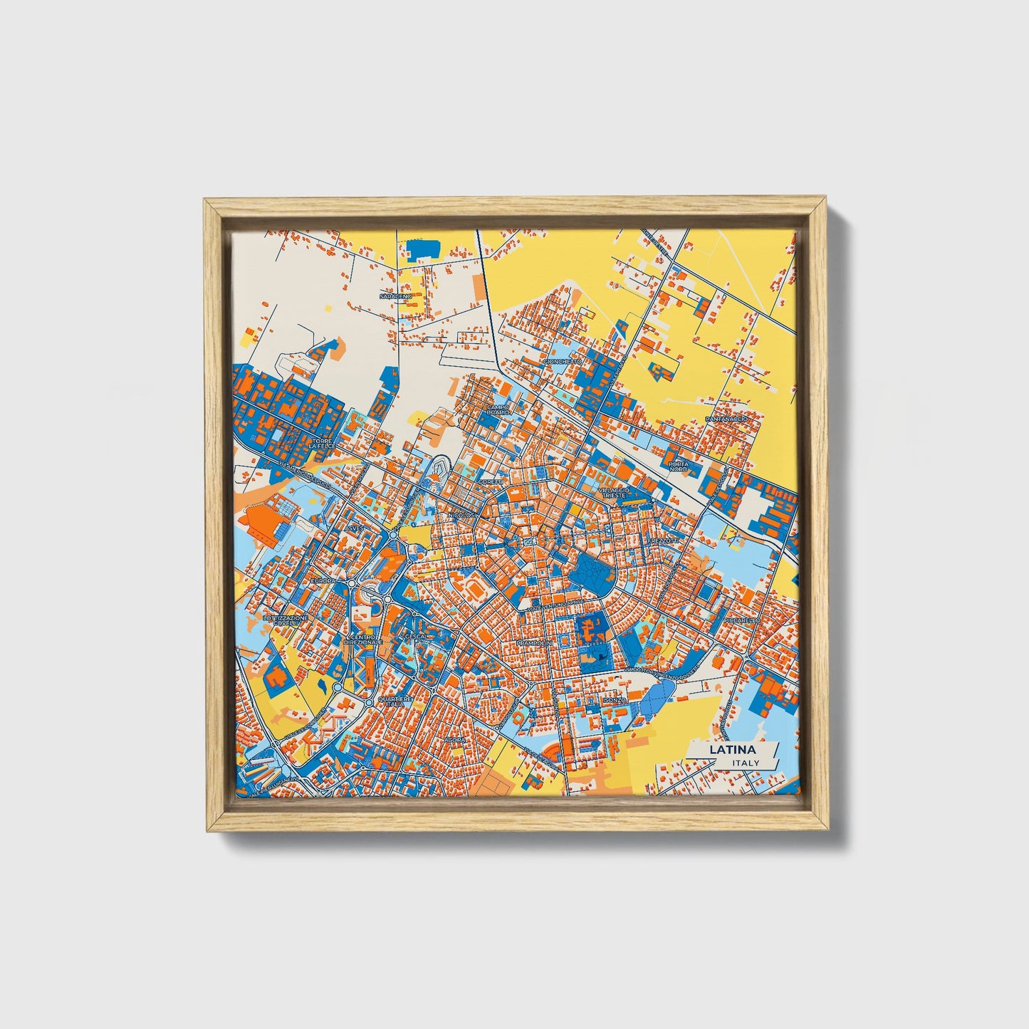 Latina Italy Colorful City Map Canvas Print • Natural Wooden Framed