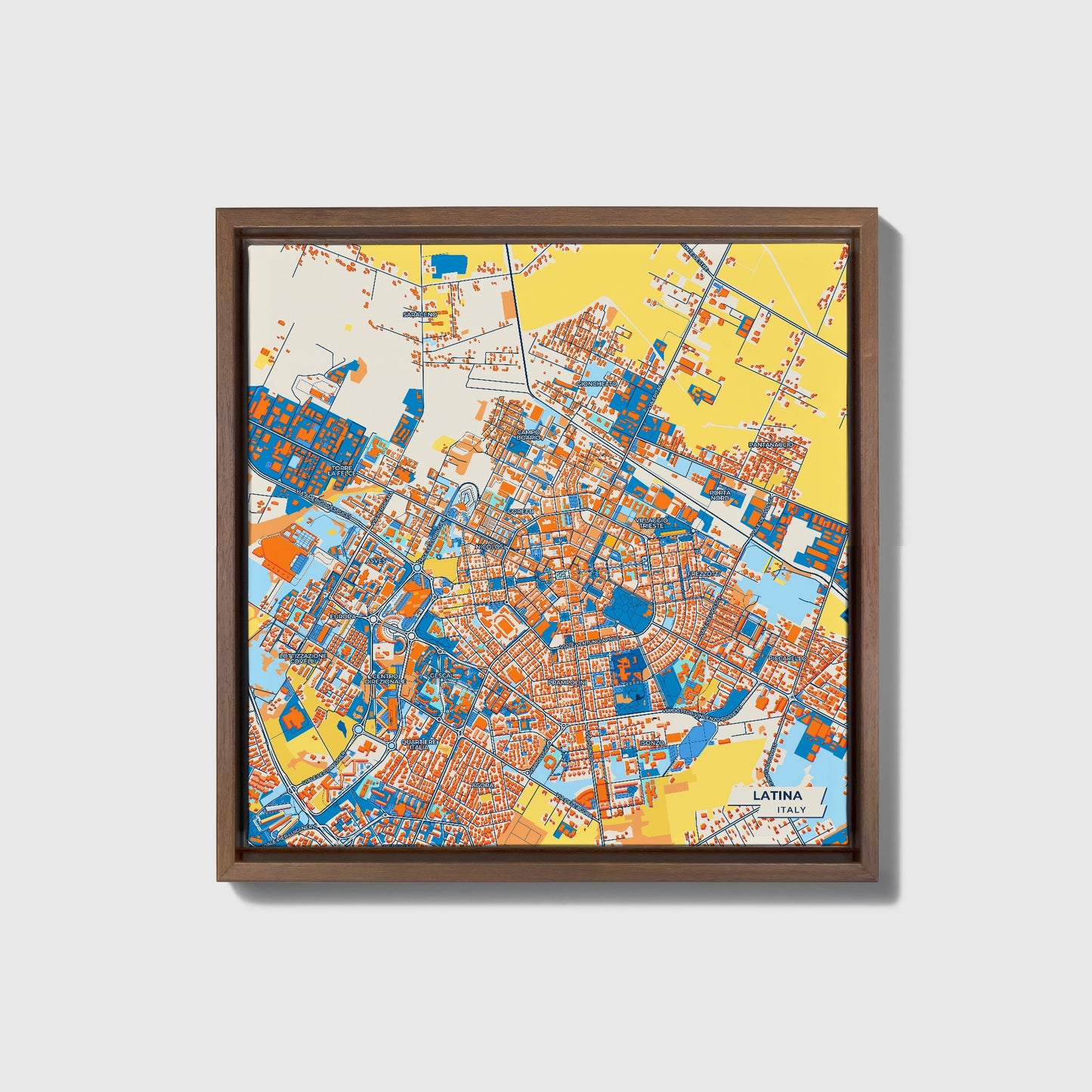 Latina Italy Colorful City Map Canvas Print • Dark Wooden Framed