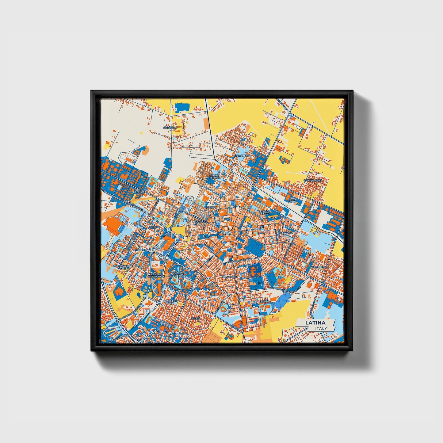 Latina Italy Colorful City Map Canvas Print • Black Framed