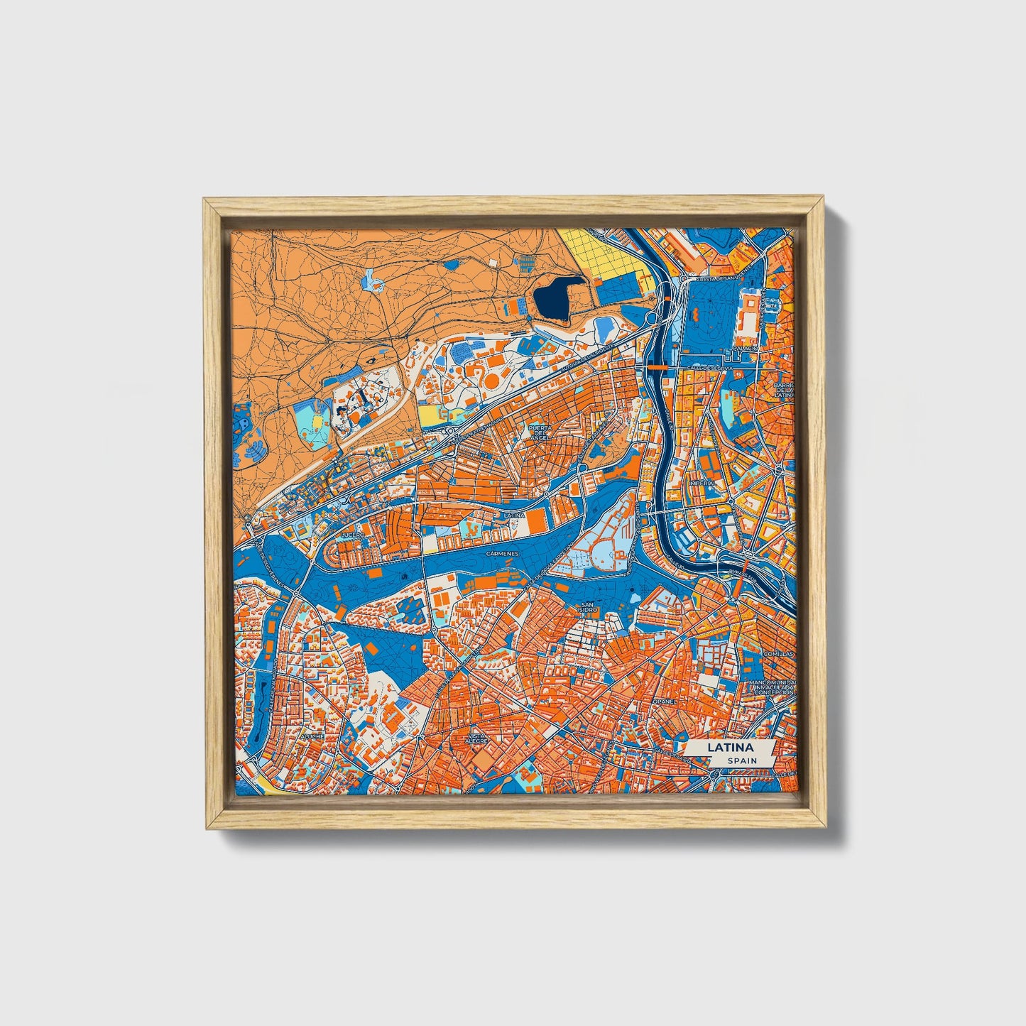 Latina Spain Colorful City Map Canvas Print • Natural Wooden Framed