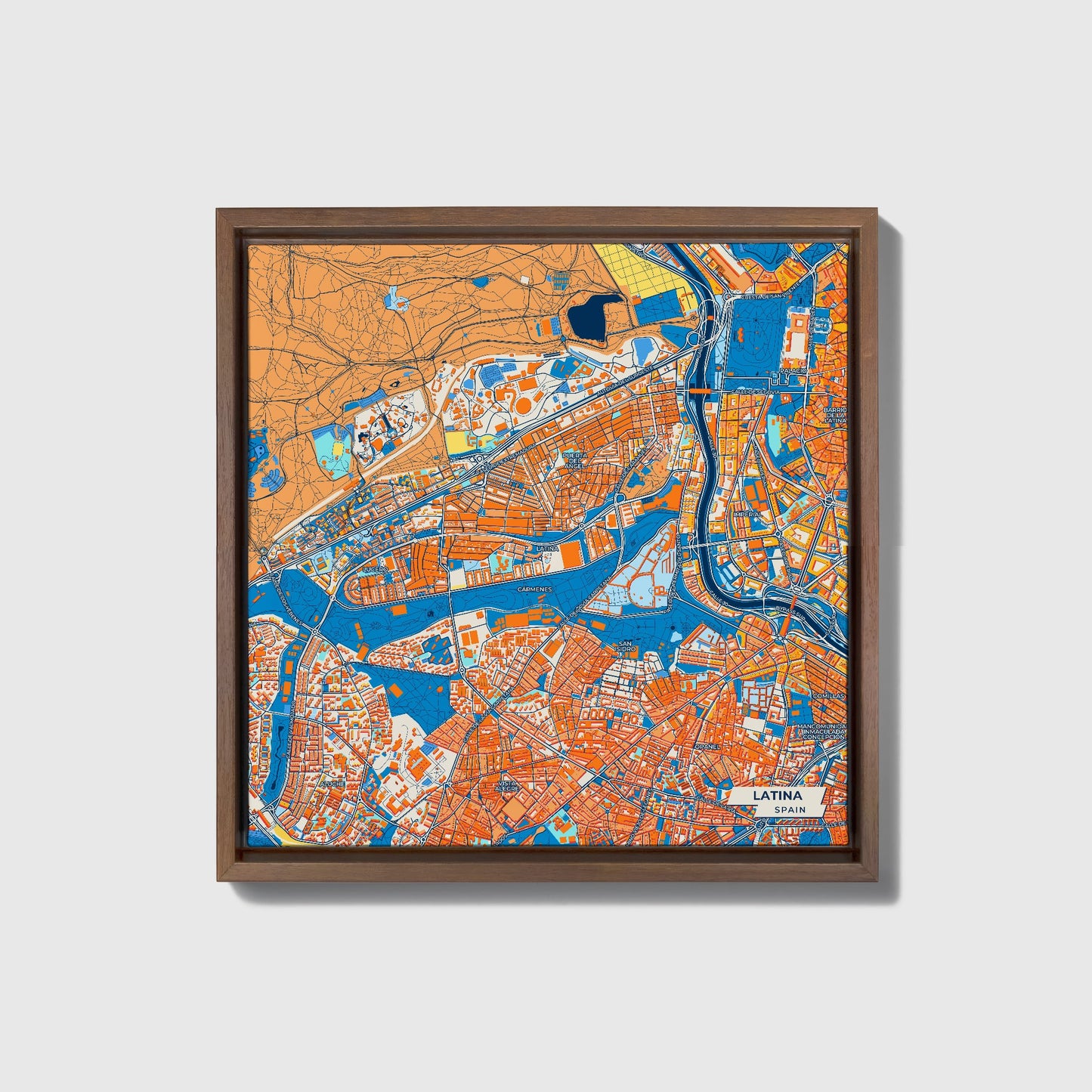 Latina Spain Colorful City Map Canvas Print • Dark Wooden Framed