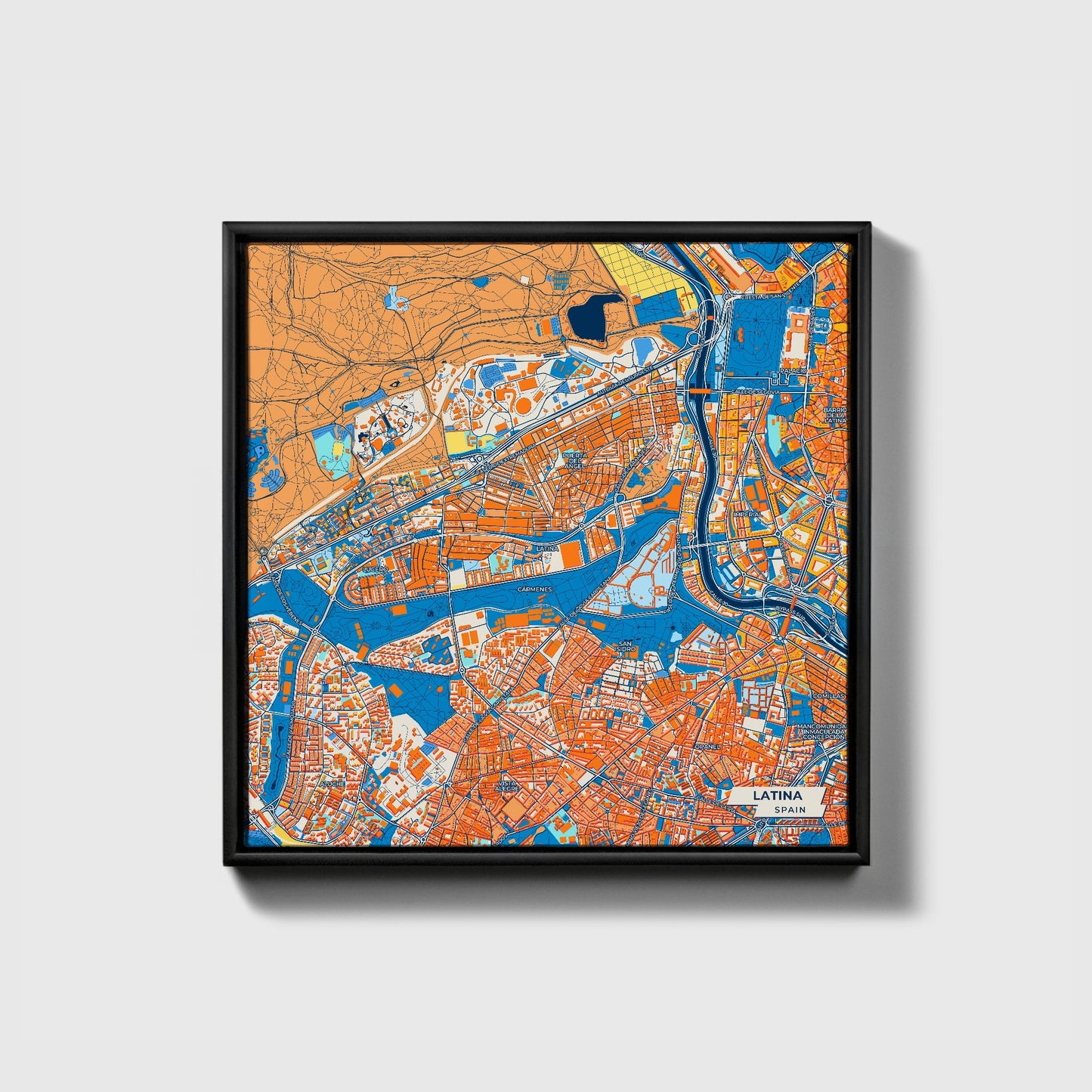 Latina Spain Colorful City Map Canvas Print • Black Framed