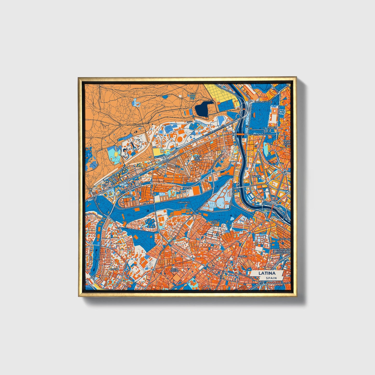 Latina Spain Colorful City Map Canvas Print • Gold Framed