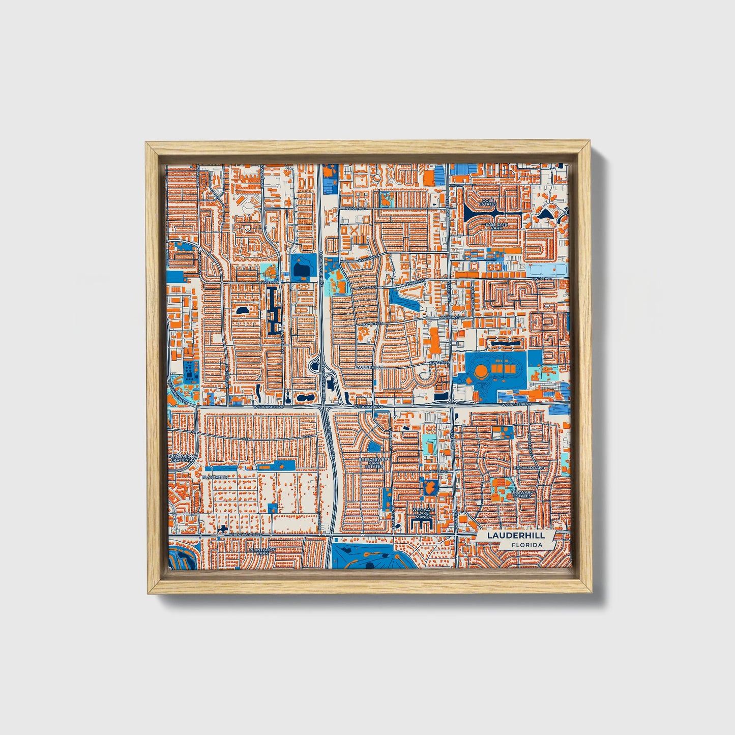 Lauderhill Florida Colorful City Map Canvas Print • Natural Wooden Framed