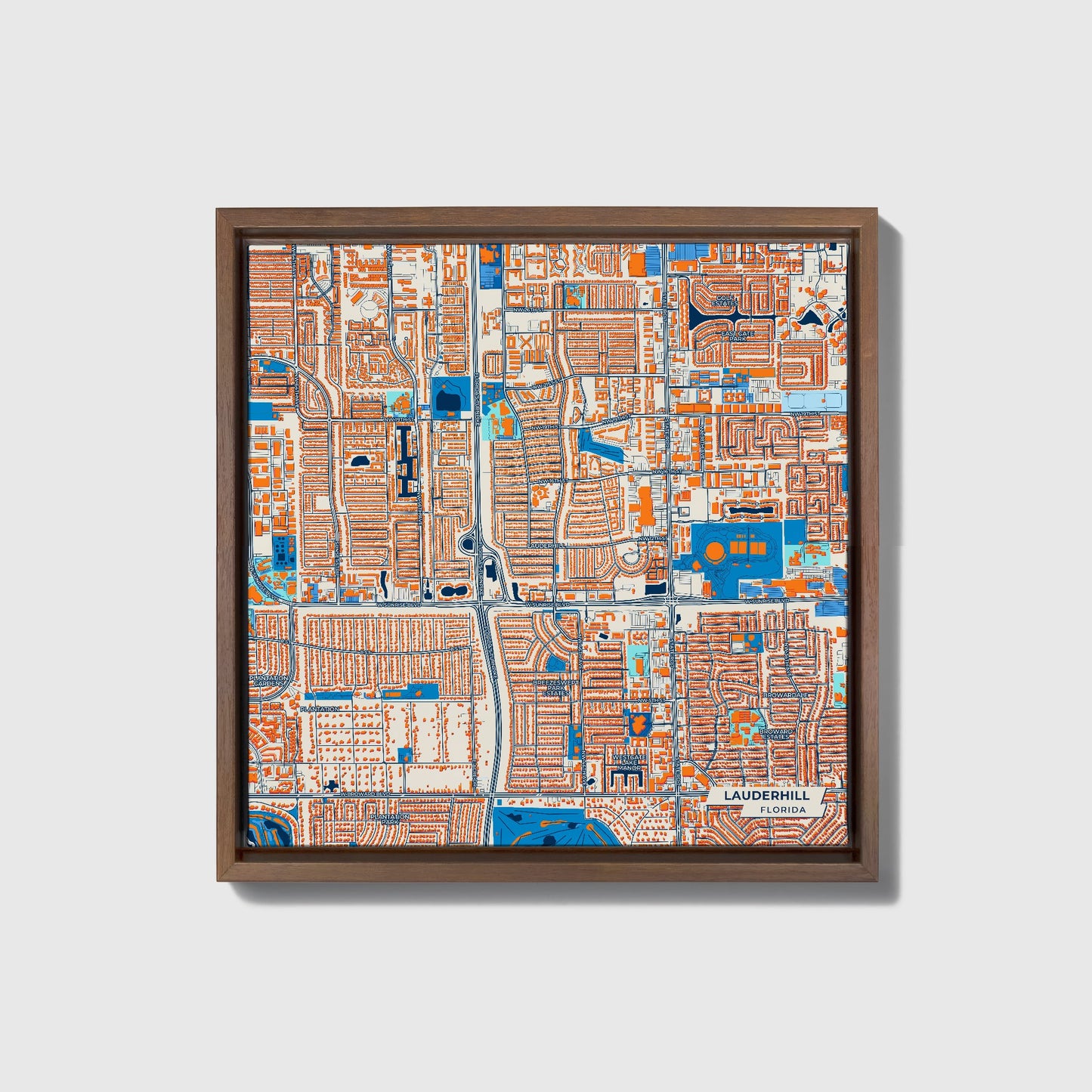 Lauderhill Florida Colorful City Map Canvas Print • Dark Wooden Framed