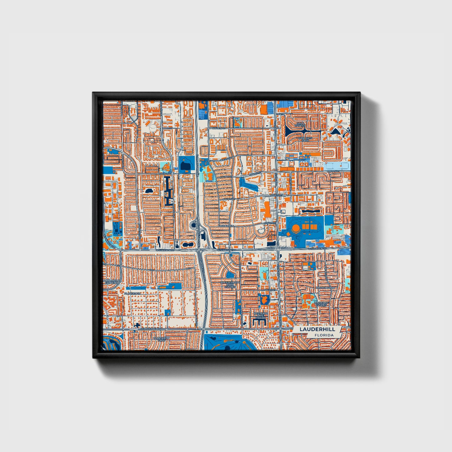 Lauderhill Florida Colorful City Map Canvas Print • Black Framed