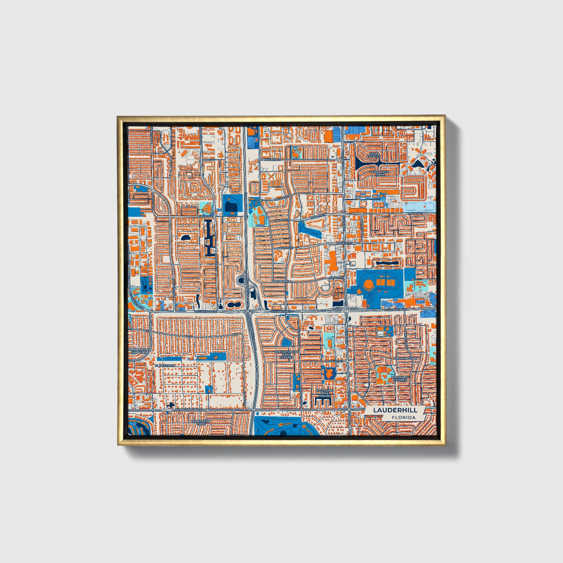 Lauderhill Florida Colorful City Map Canvas Print • Gold Framed