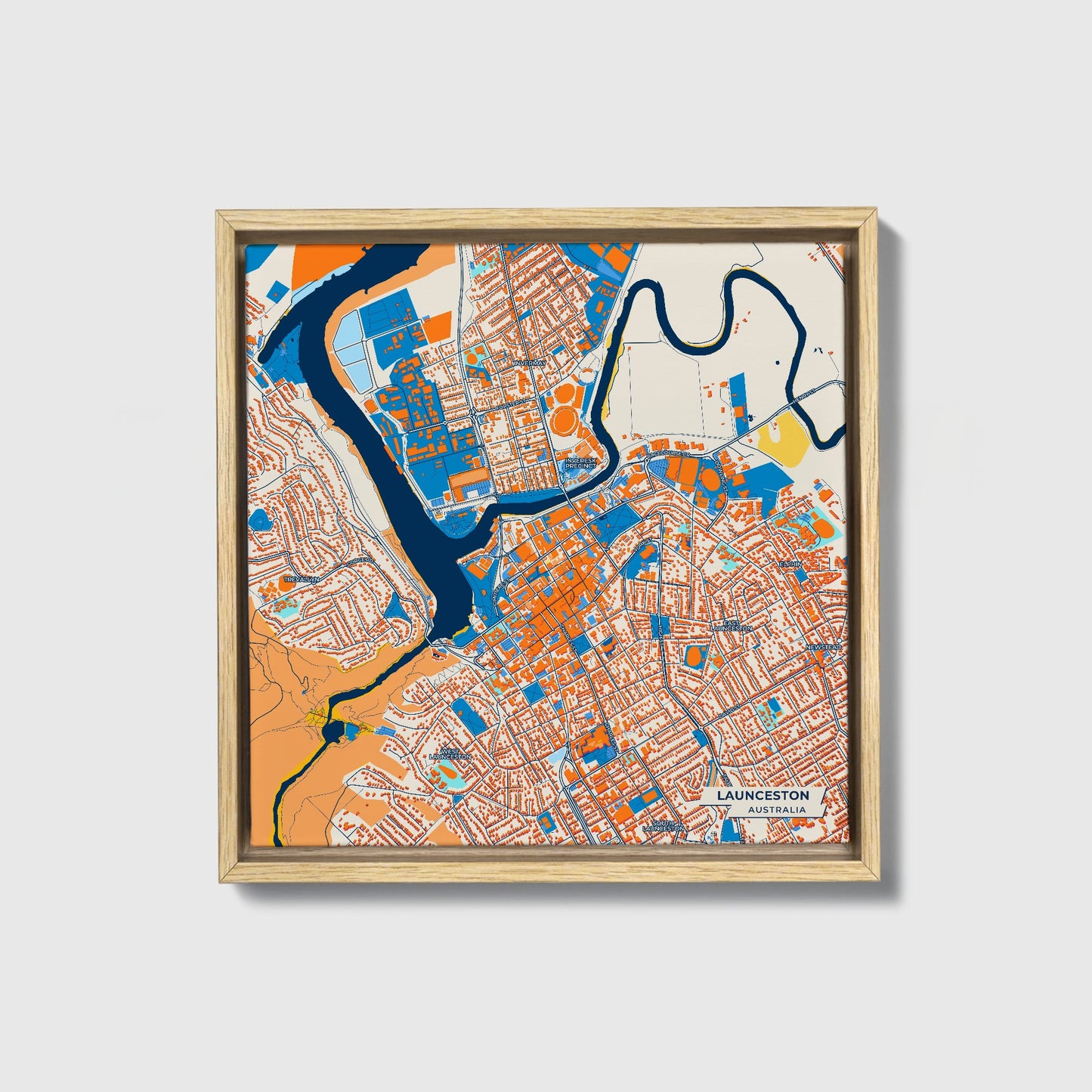 Launceston Australia Colorful City Map Canvas Print • Natural Wooden Framed