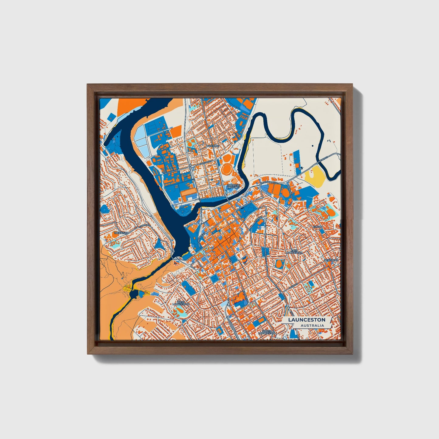 Launceston Australia Colorful City Map Canvas Print • Dark Wooden Framed